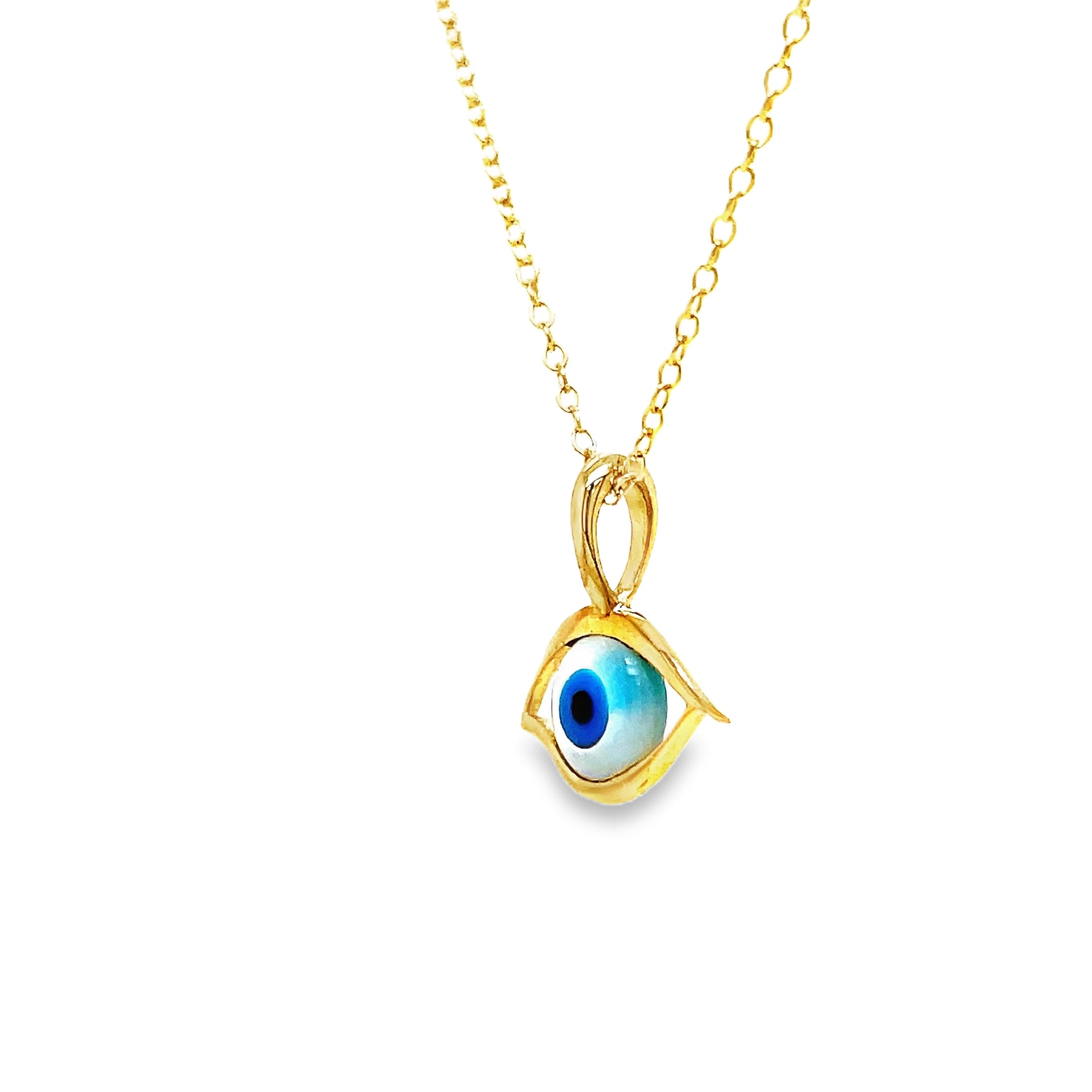 ndulge in elegance with our 14k Round Evil Eye Pendant Necklace. Handcrafted from luxurious 14k yellow gold, this necklace features a mesmerizing round evil eye pendant that will add a touch of sophistication to any outfit. Protect yourself from negative energies while exuding style and grace. A must-have for any fashion-forward individual.