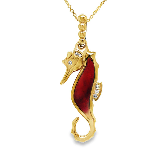 14k Diamond Red Spinel Seahorse Pendant Necklace Front view