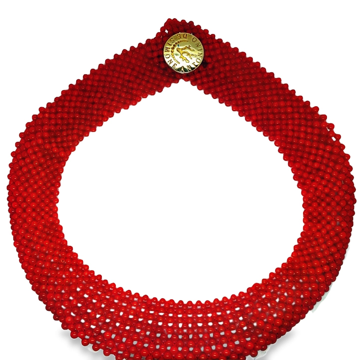 Italian Hand Made Antonino De Simone Red Coral Bead Chocker Necklace Top view clasp fastened