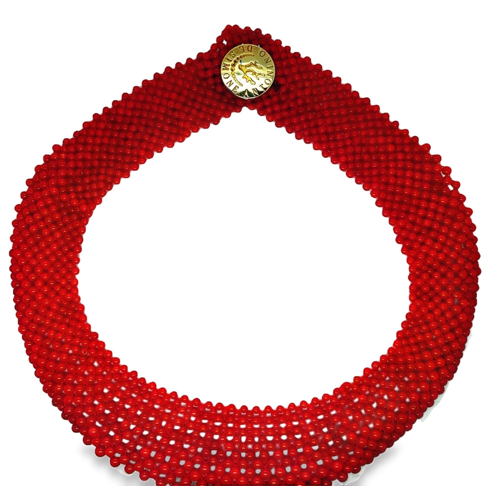 Italian Hand Made Antonino De Simone Red Coral Bead Chocker Necklace Top view clasp fastened