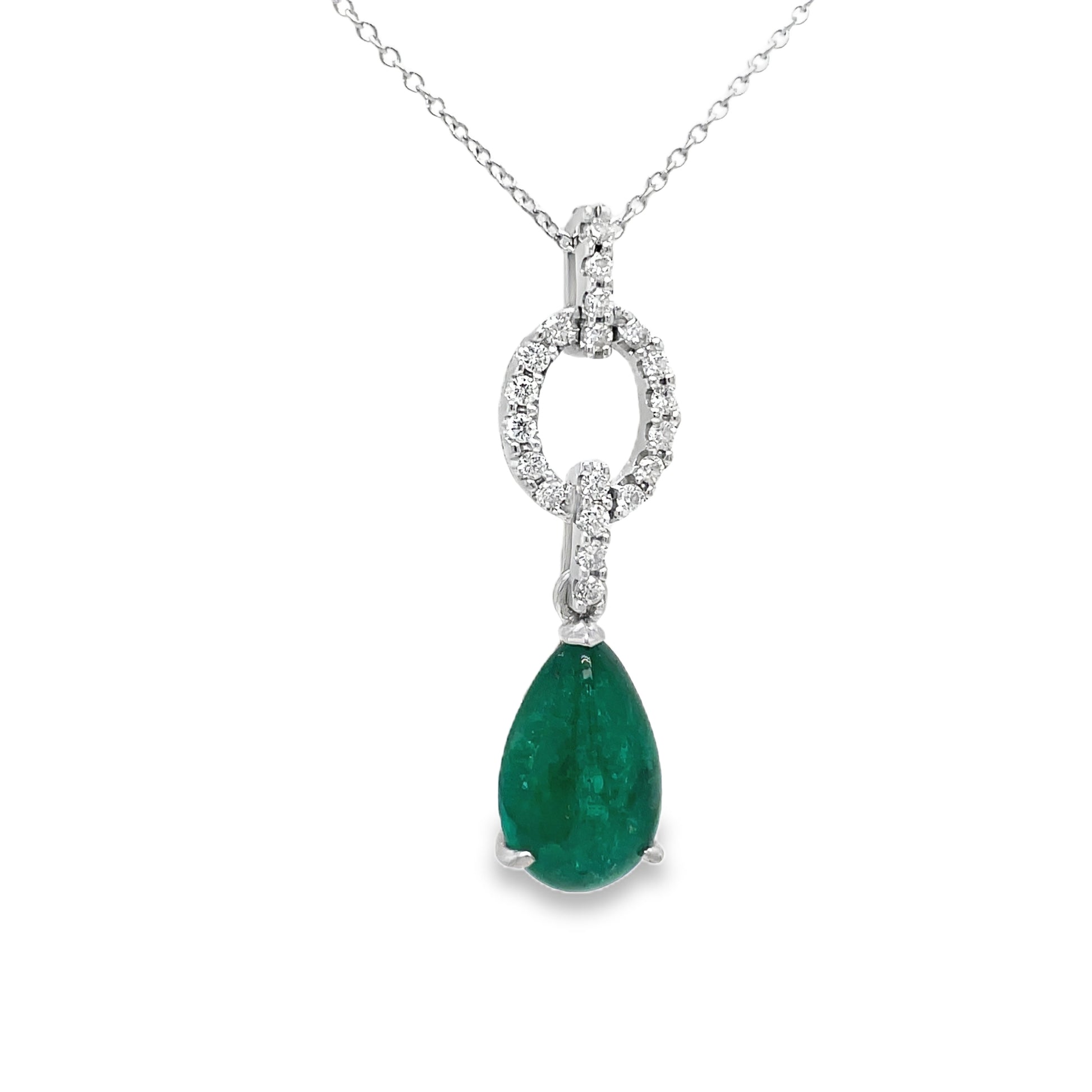 Colombian Cabochon Emerald and Diamond Pendant Necklace Side View
