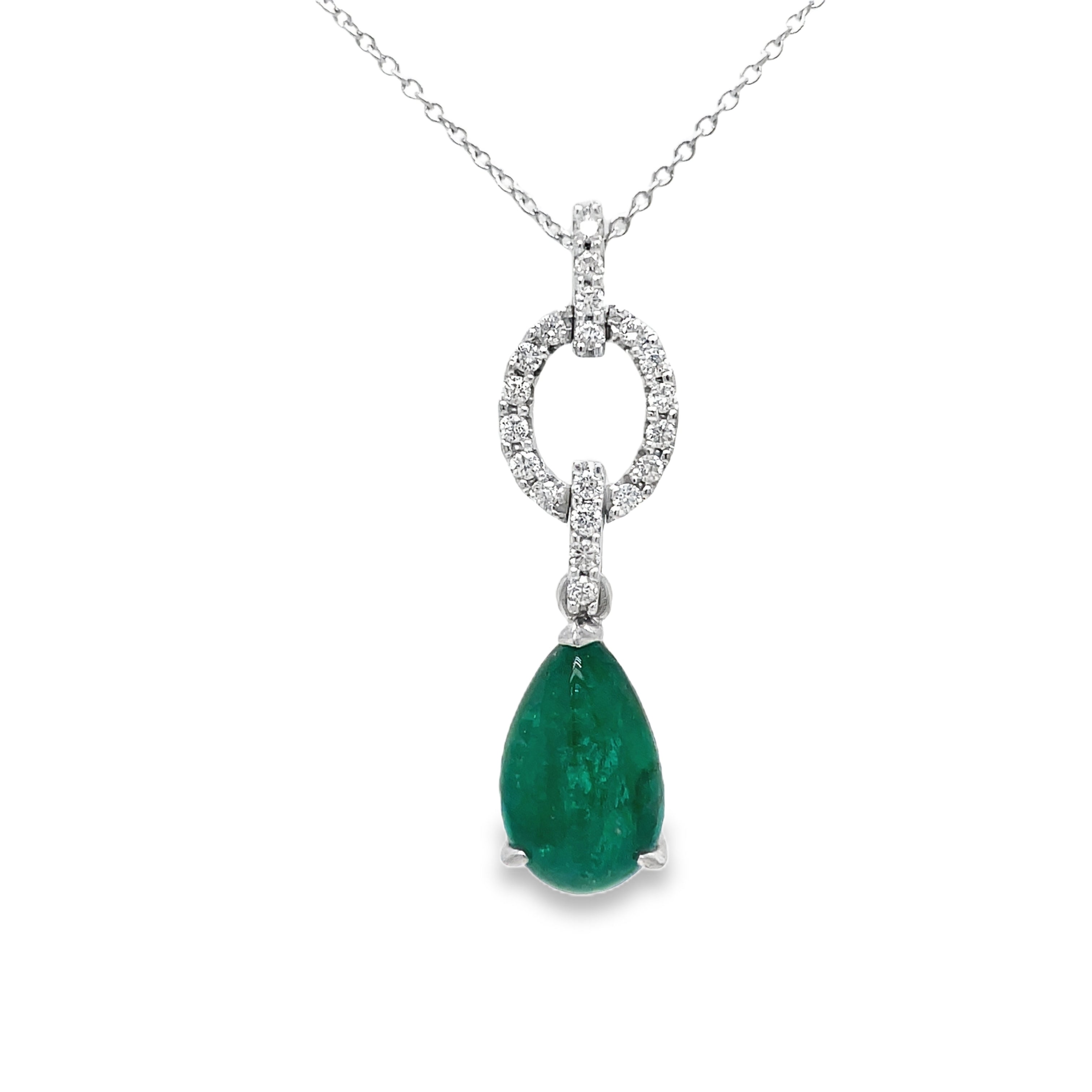 Elevate your style with our Colombian Cabochon Emerald and Diamond Pendant Necklace. The stunning 30.00 mm long, round diamonds totaling 1.40 cts perfectly complement the vibrant Colombian cabochon emerald. Experience the luxury and sophistication of this exclusive piece.

Chain not included $260, 16" long