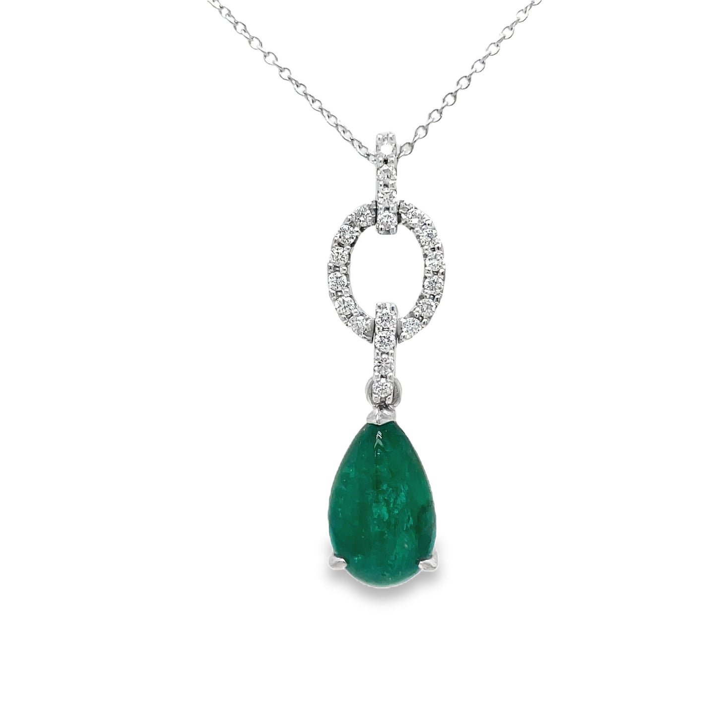 Colombian Cabochon Emerald and Diamond Pendant Necklace Front View