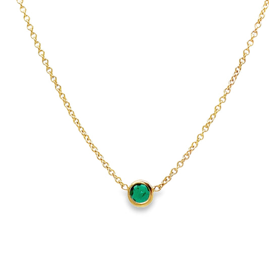 Front view of 14k Yellow Small Colombian Round Emerald Necklace