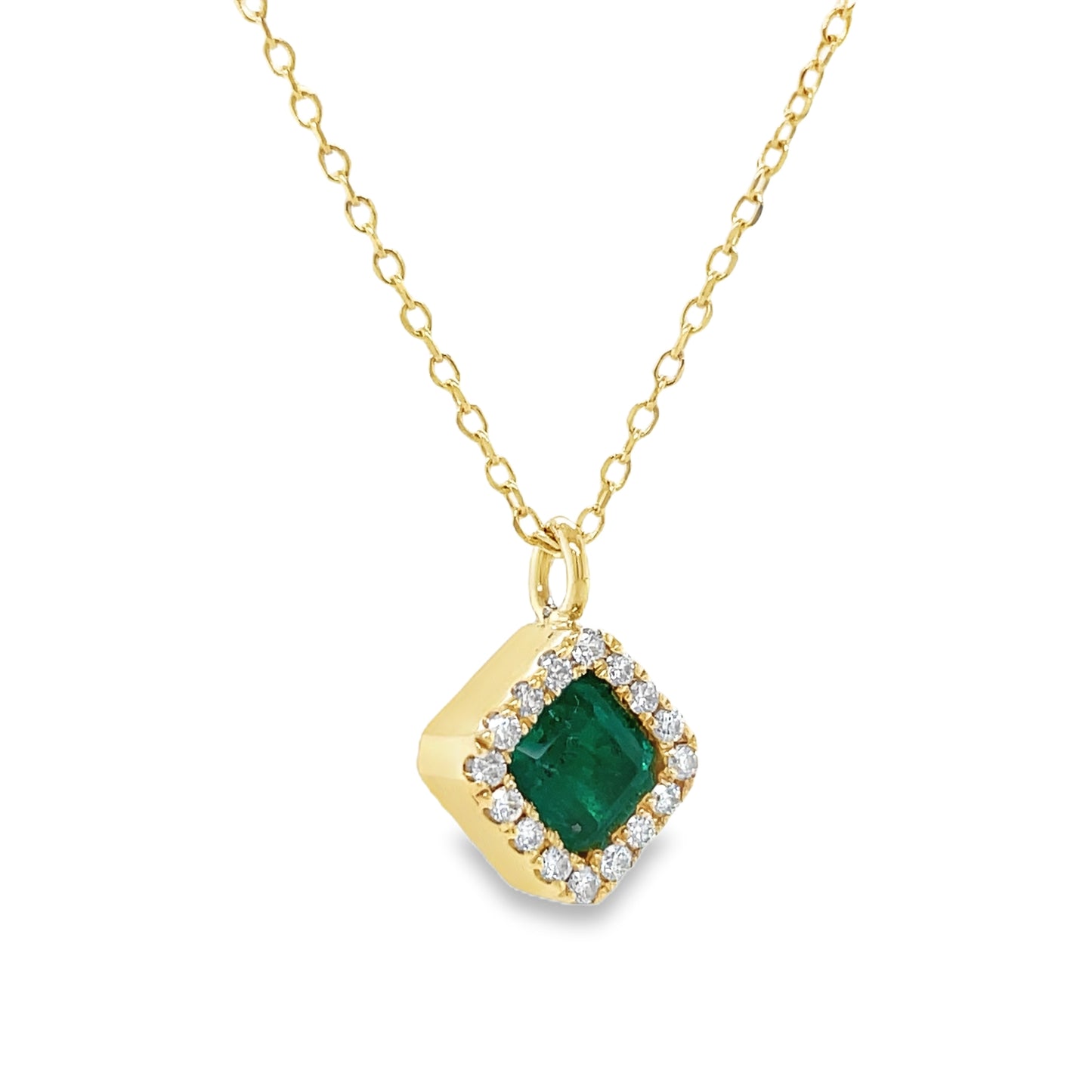 Side View of Emerald & Diamond Square Pendant Necklace