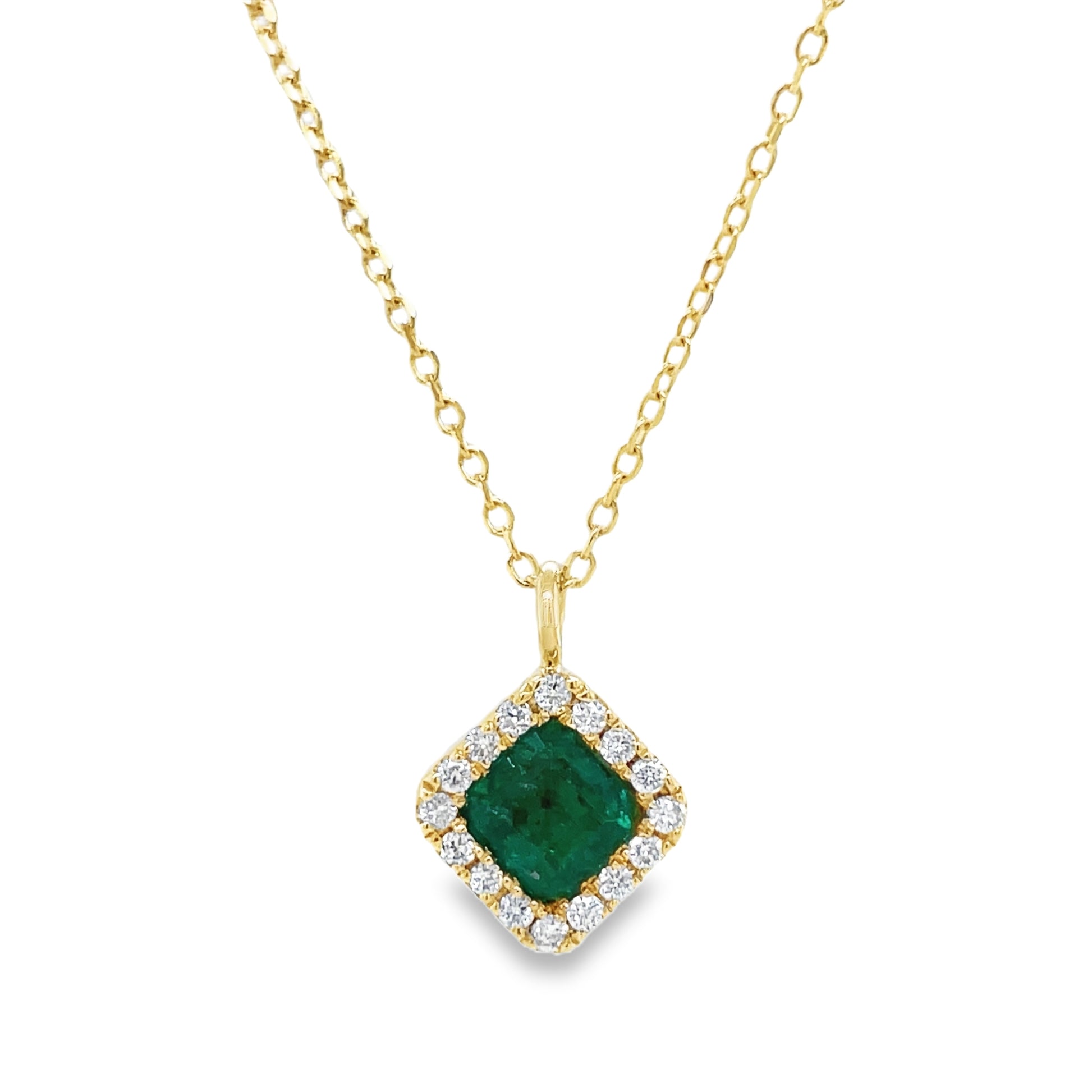 Front View of Emerald & Diamond Square Pendant Necklace