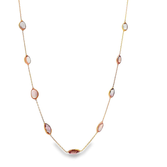 Front view of 18k Yellow Gold Cabochon Pink Sapphire Cabochon By The Yard Necklace 6.05 cts