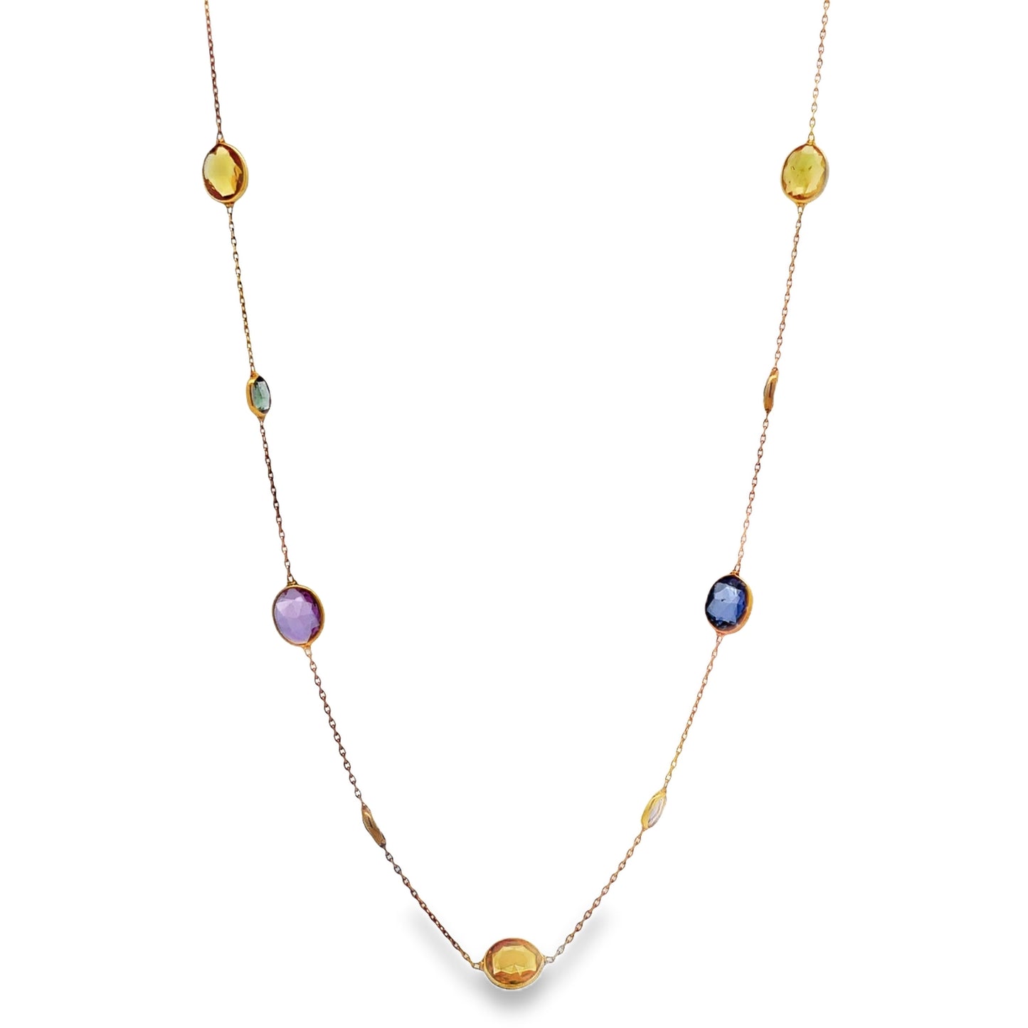 Front view of 18k Yellow Gold Cabochon Multi-Color Cabochon Sapphire Necklace