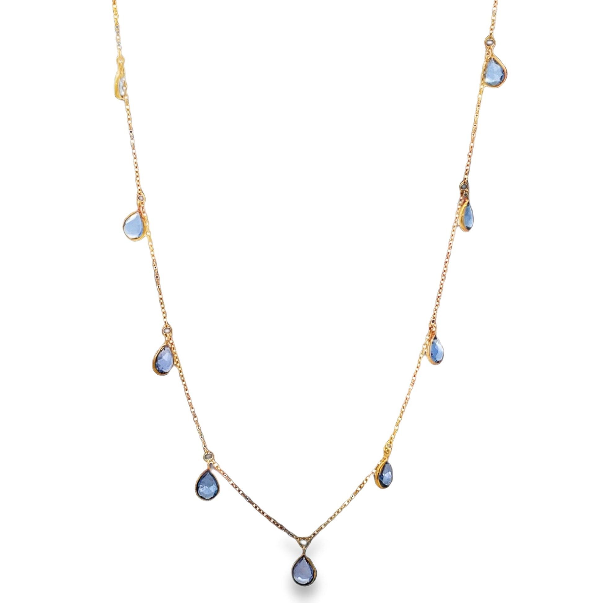 Front view of 18k Yellow Gold Pear-Cut Tanzanite Station Necklace