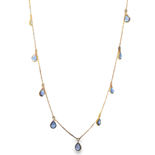 Front view of 18k Yellow Gold Pear-Cut Tanzanite Station Necklace