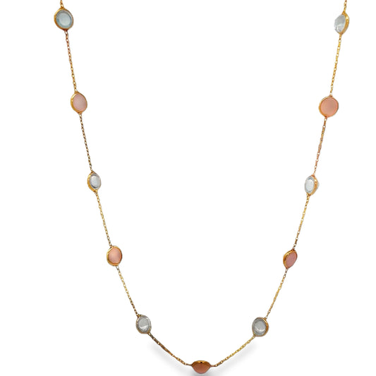 Front view of 18k Peruvian Opal and Moonstone Cabochon Bezel Set Station Necklace in Yellow Gold