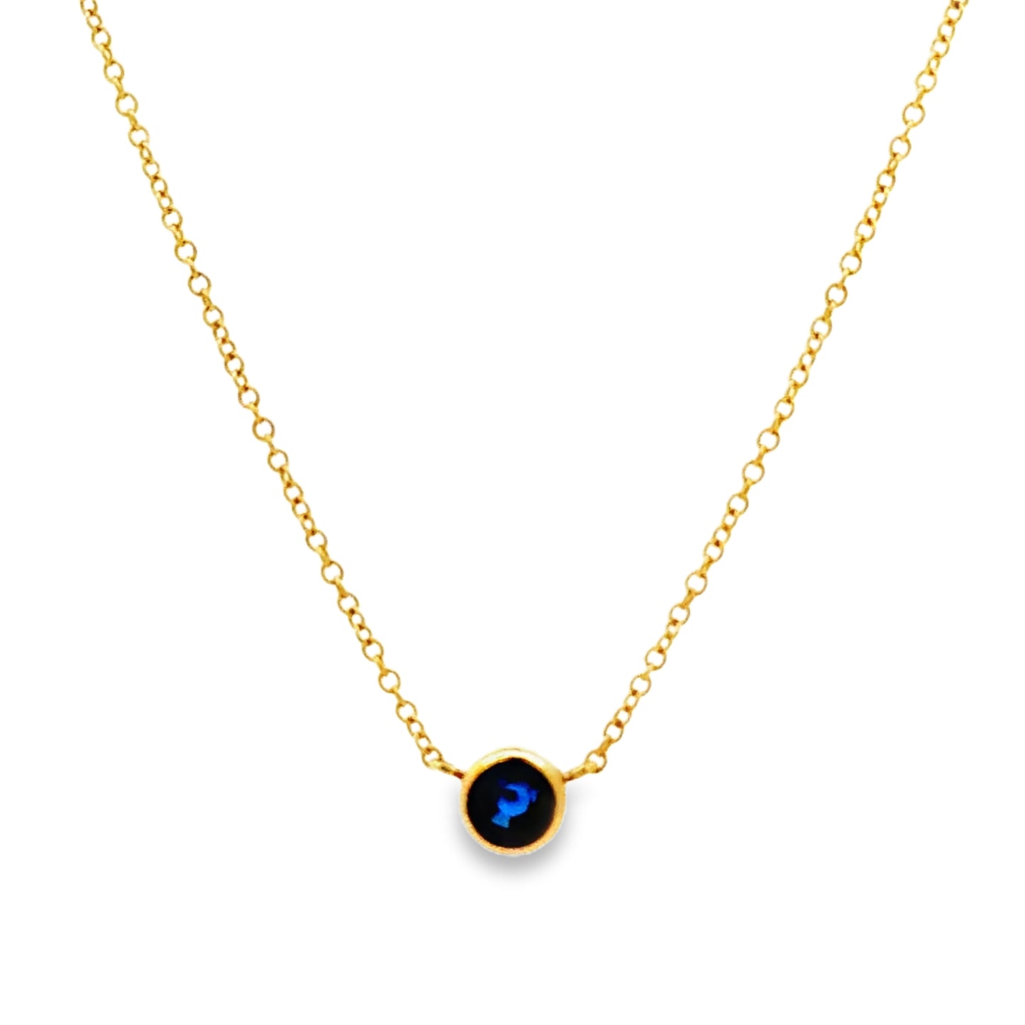 Front view of 14k Yellow Gold Small Solitaire Sapphire Pendant Necklace