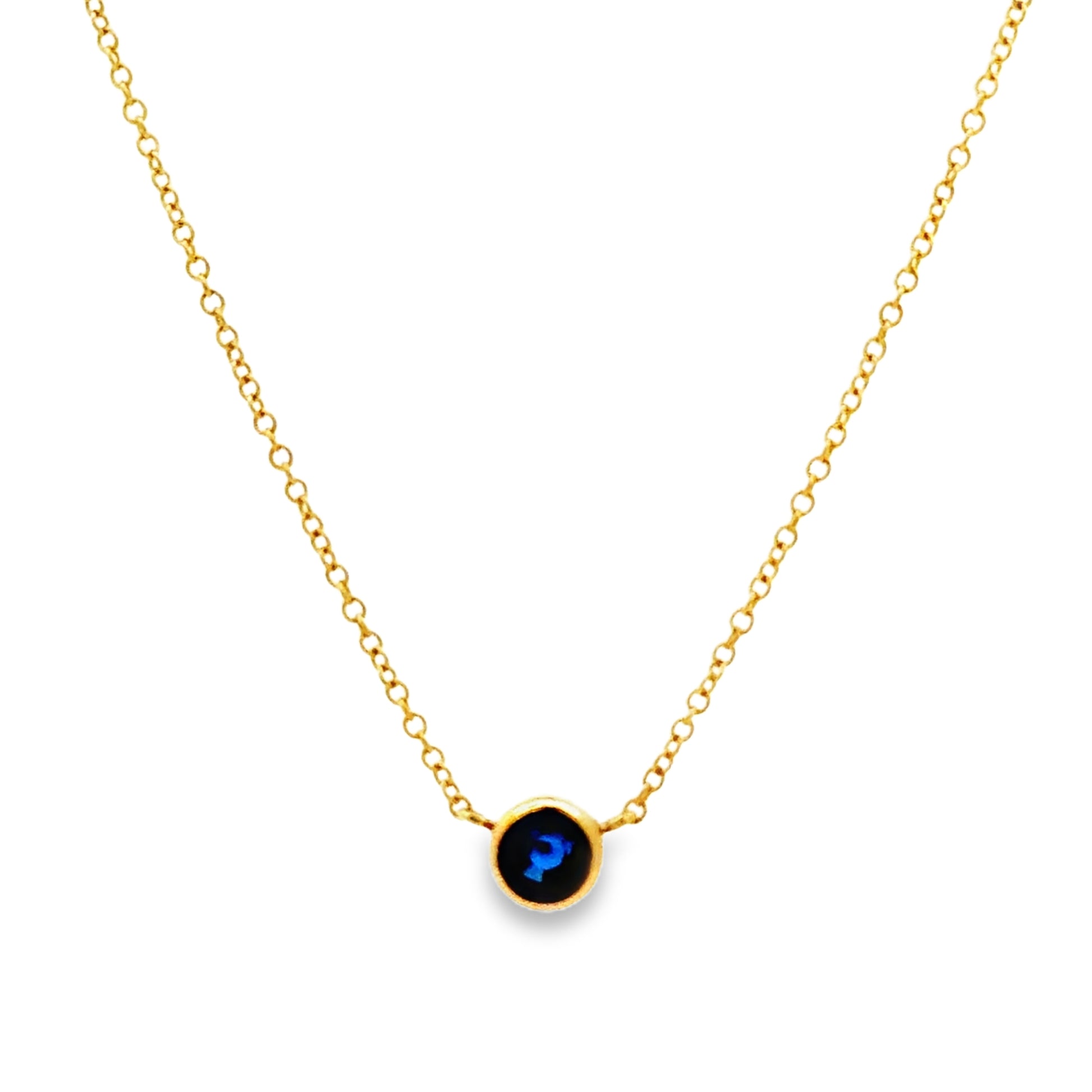 Front view of 14k Yellow Gold Small Solitaire Sapphire Pendant Necklace