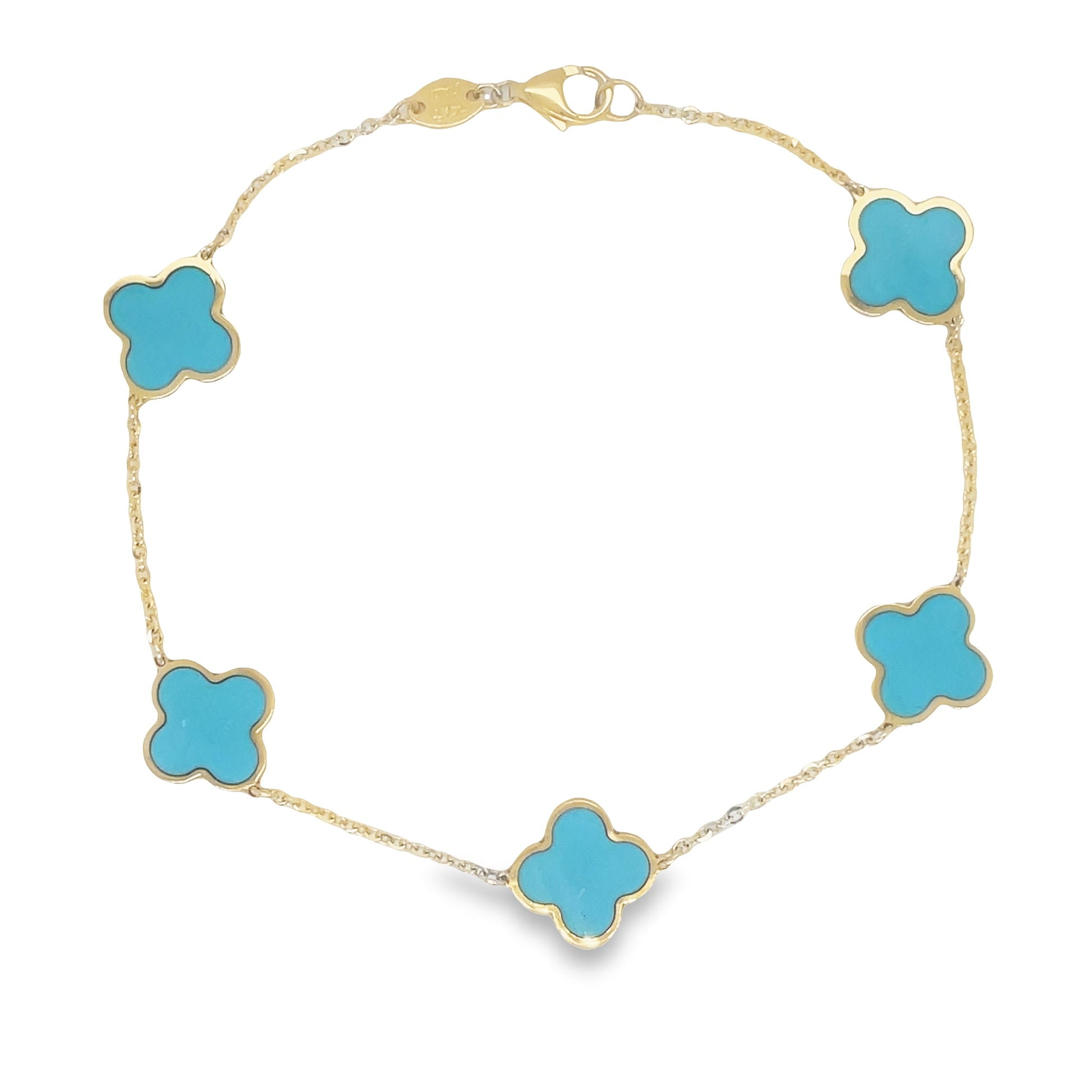 Top view of fastened 14k Yellow Gold Turquoise Clover Bracelet 11.00 mm