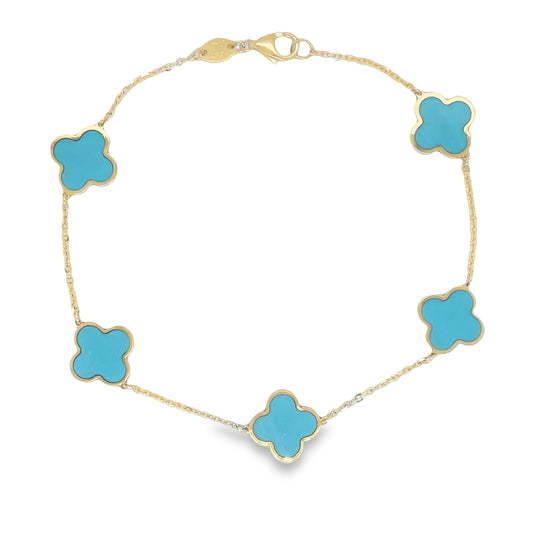 Top view of fastened 14k Yellow Gold Turquoise Clover Bracelet 11.00 mm