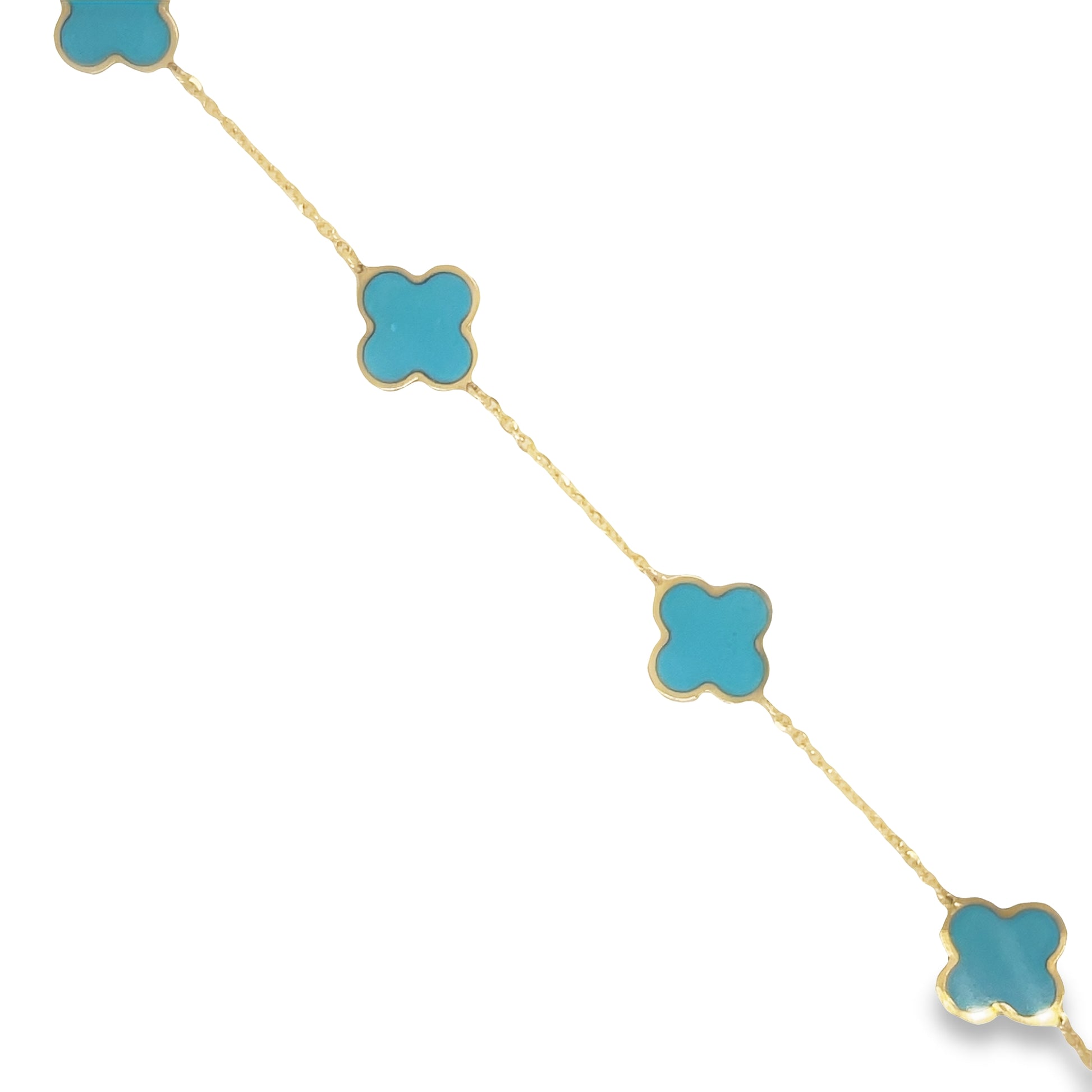 Top view of fastened 14k Yellow Gold Turquoise Clover Bracelet 11.00 mm