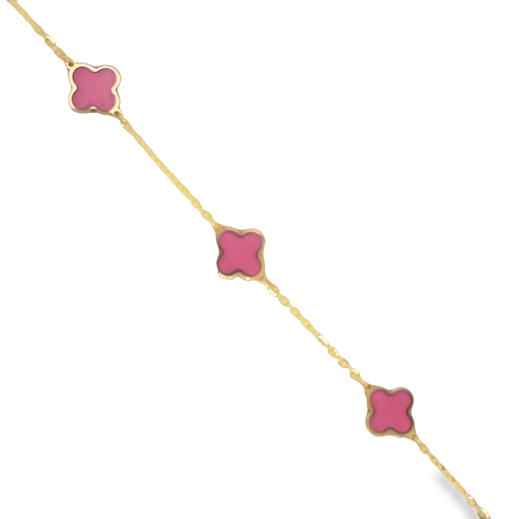 This elegant 14k yellow gold bracelet features five intricately detailed hot pink clovers and a secure lobster clasp. The clovers measure 7.0 mm in size and the bracelet itself exudes sophistication and style.   