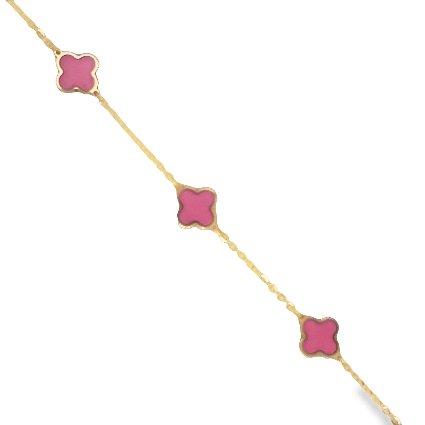 Top view of fastened 14k Yellow Gold Hot Pink Clover Bracelet 11.00 mm