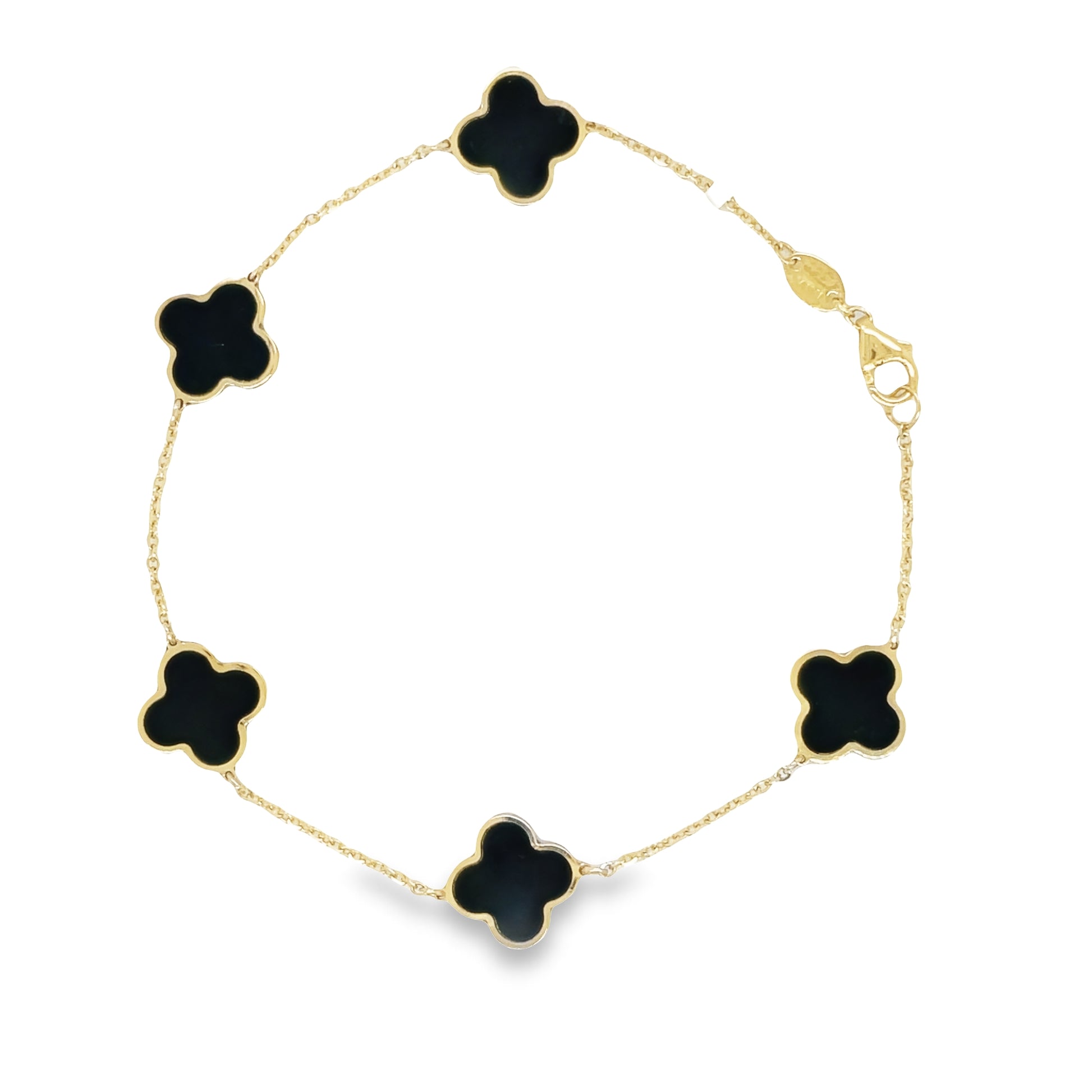 Top view of 14k Yellow Gold Onyx Clover Bracelet 7.00 mm
