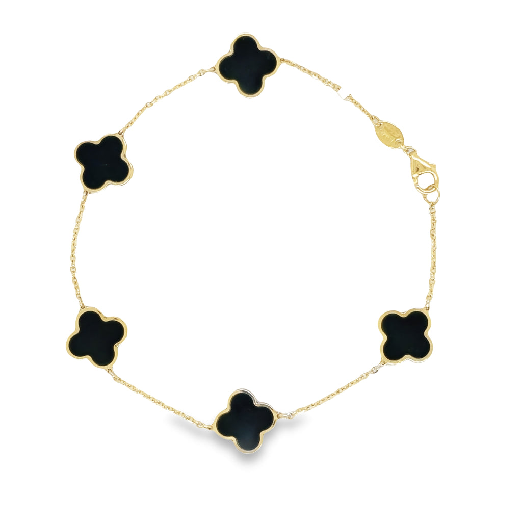 This elegant 14k yellow gold bracelet features five intricately Onyx clovers and a secure lobster clasp. The clovers measure 11 mm in size and the bracelet itself exudes sophistication and style.