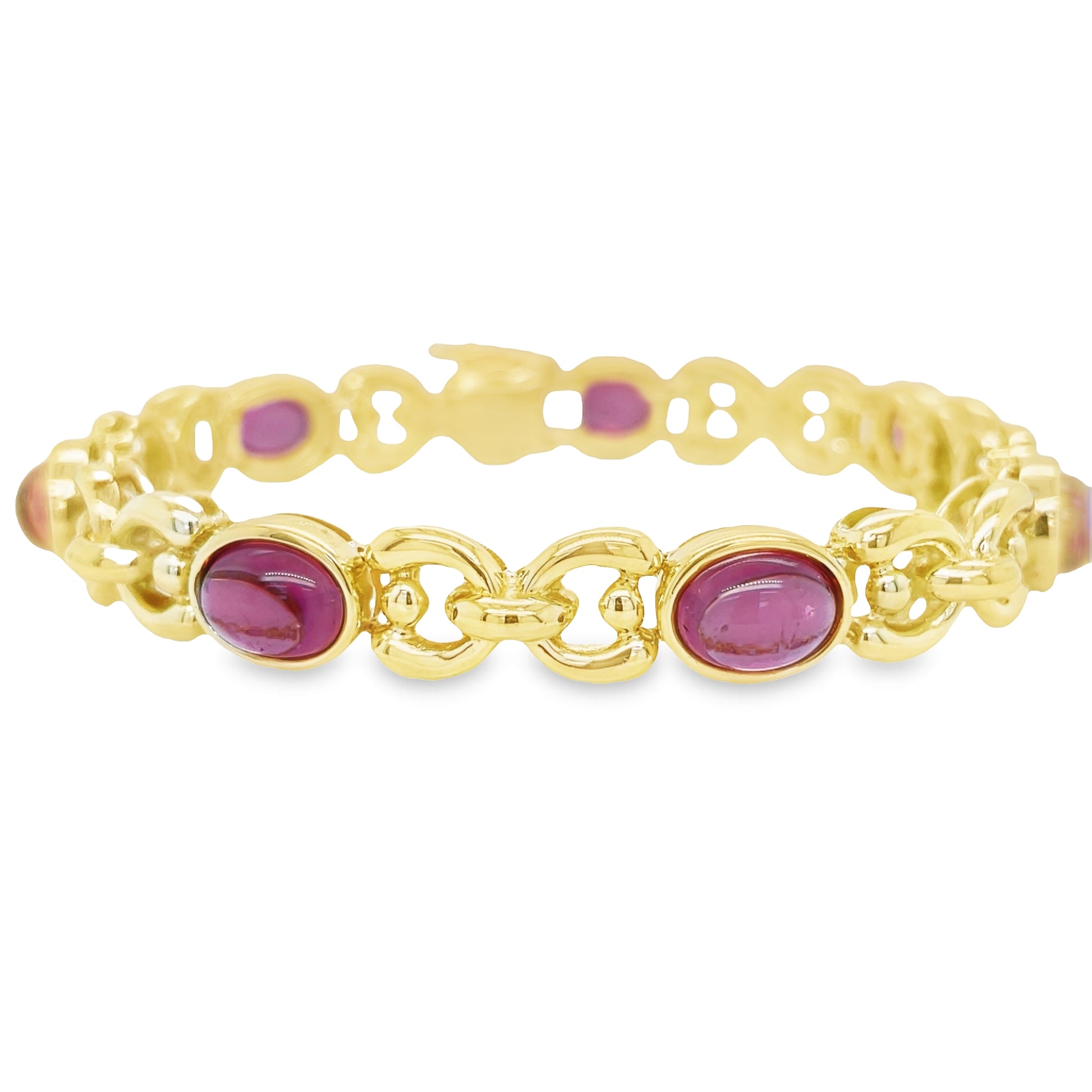 Front view of 18k Yellow Gold Pink Tourmaline Oval Cabochon Bracelet