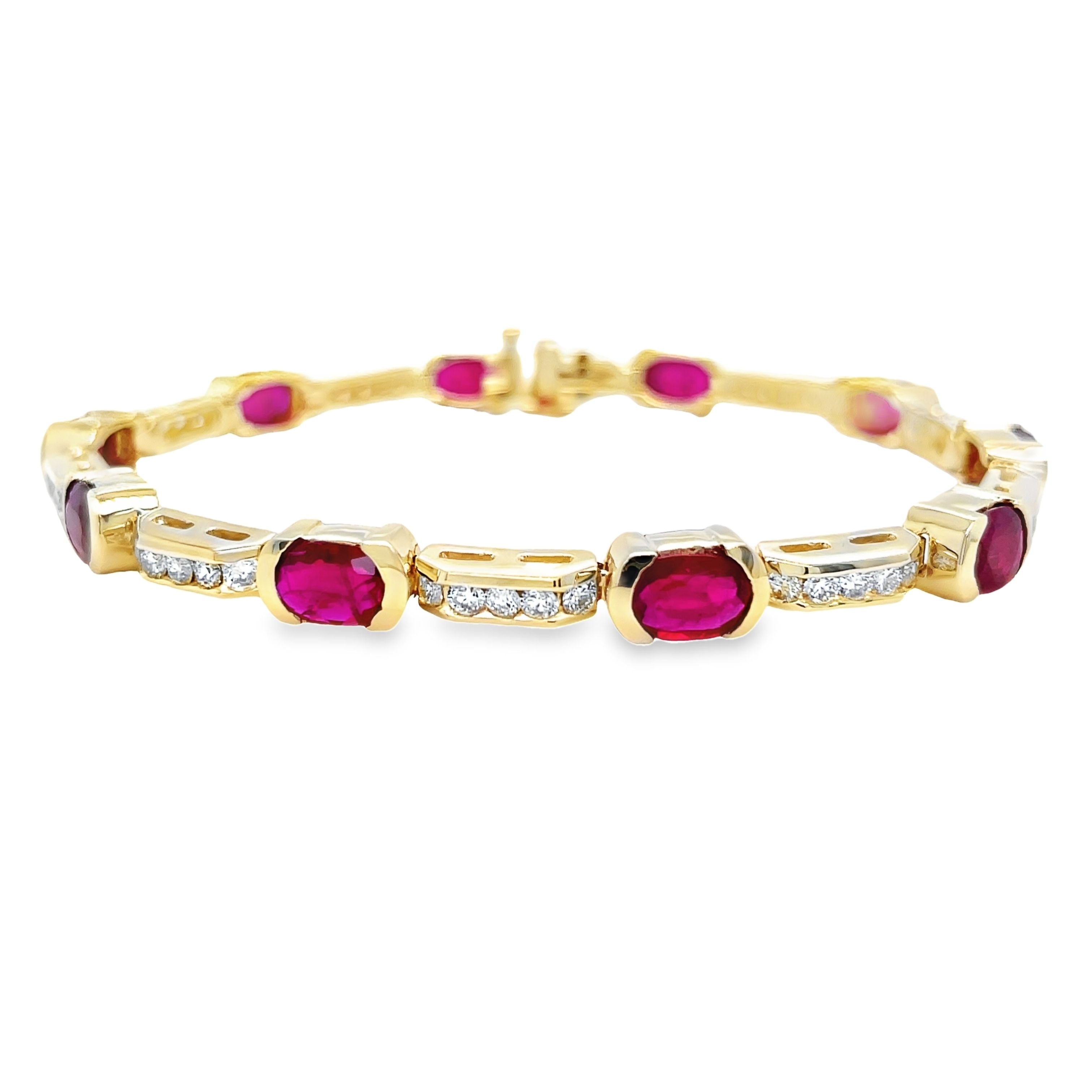 Experience the elegance and glamour of our Fine Diamond & Ruby Oval Shape Bracelet. Crafted from 14k yellow gold, this one-of-a-kind bracelet features smooth movement, a hidden clasp, and a stunning combination of oval shape rubies (7.45 cts) and round diamonds (2.00 cts). Impress with 7 inches of pure luxury.