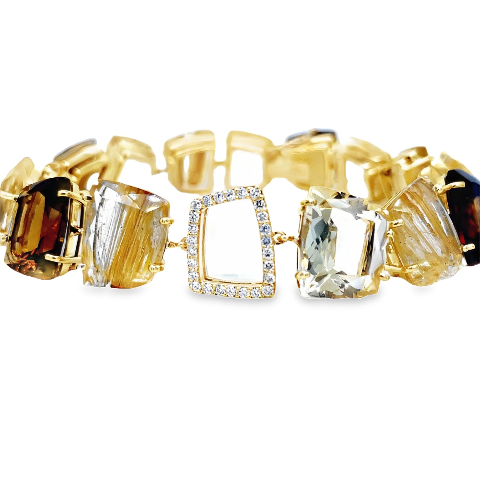 Ritulated Quartz, Citrine and Whisky Citrine & Diamond bracelet Front view clasp fastened