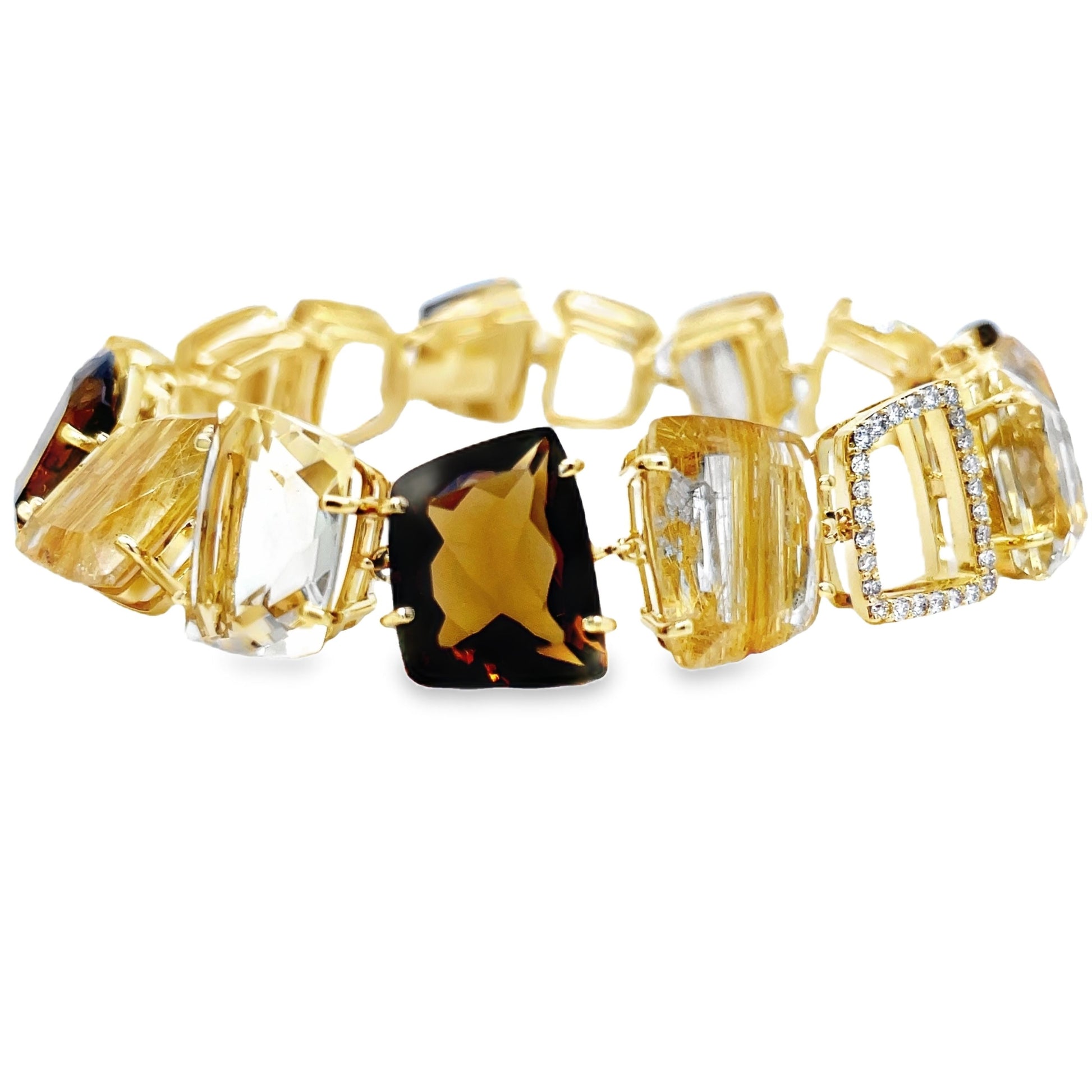 Ritulated Quartz, Citrine and Whisky Citrine & Diamond bracelet Front view clasp fastened