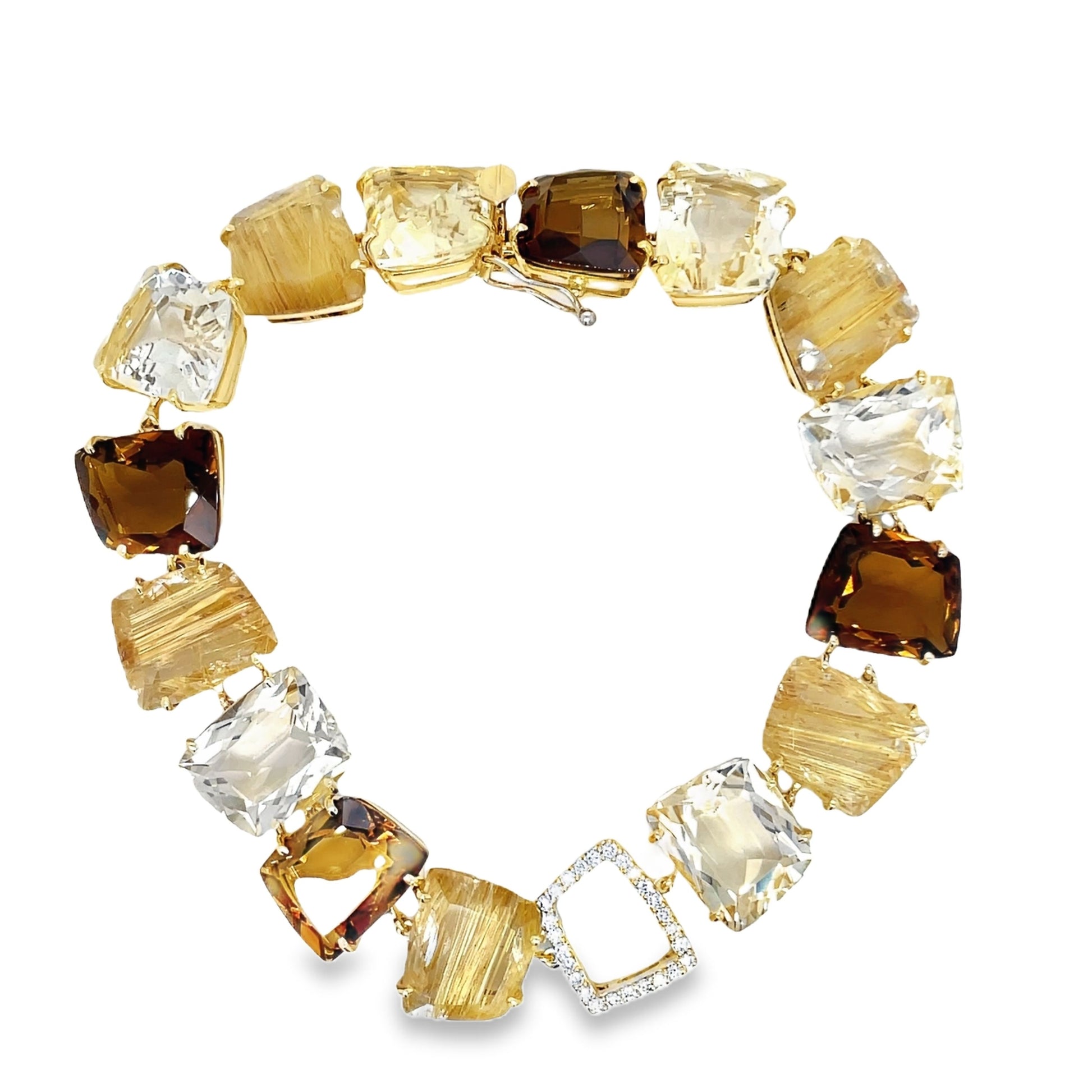 Ritulated Quartz, Citrine and Whisky Citrine & Diamond bracelet Top view clasp fastened