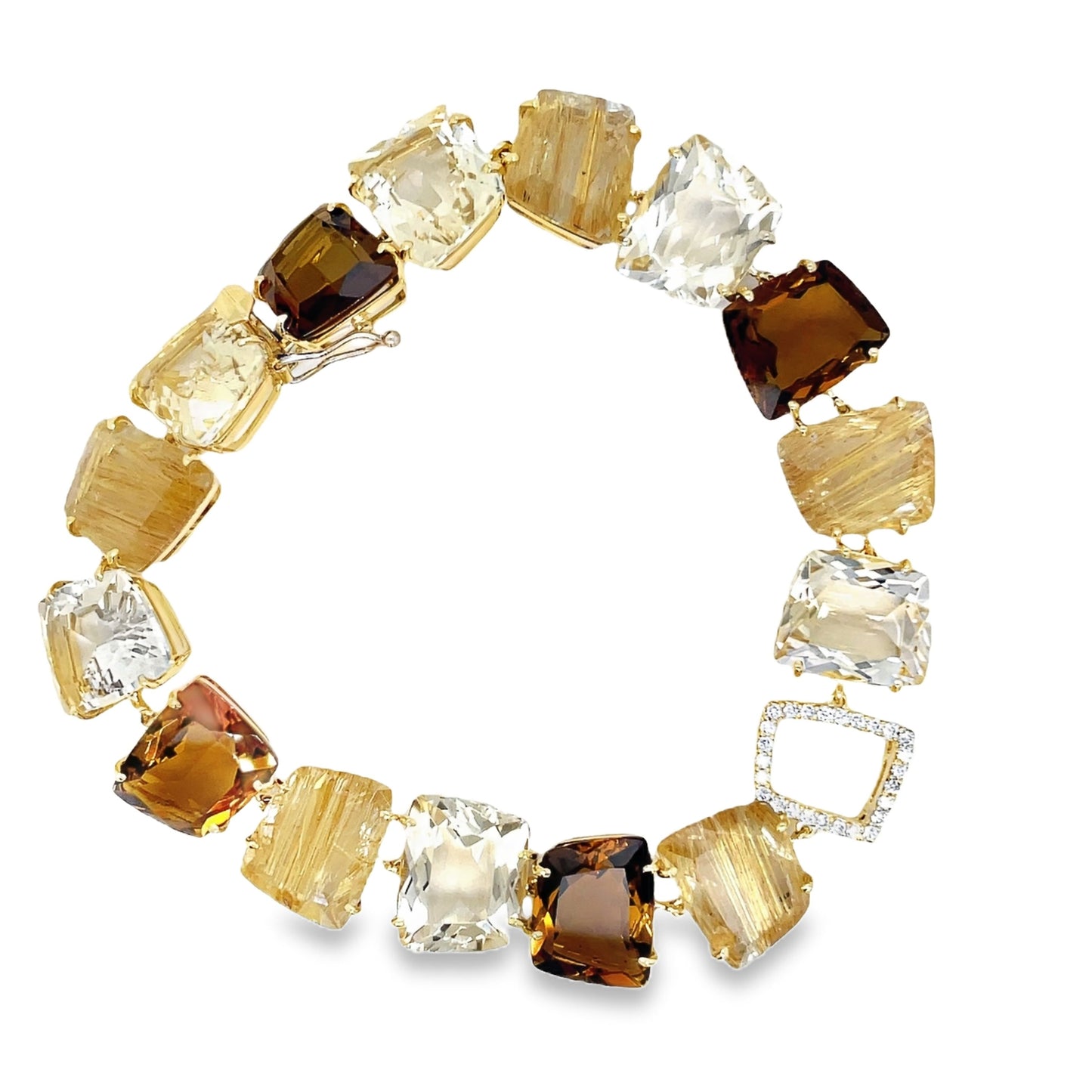 Ritulated Quartz, Citrine and Whisky Citrine & Diamond bracelet Top view clasp fastened