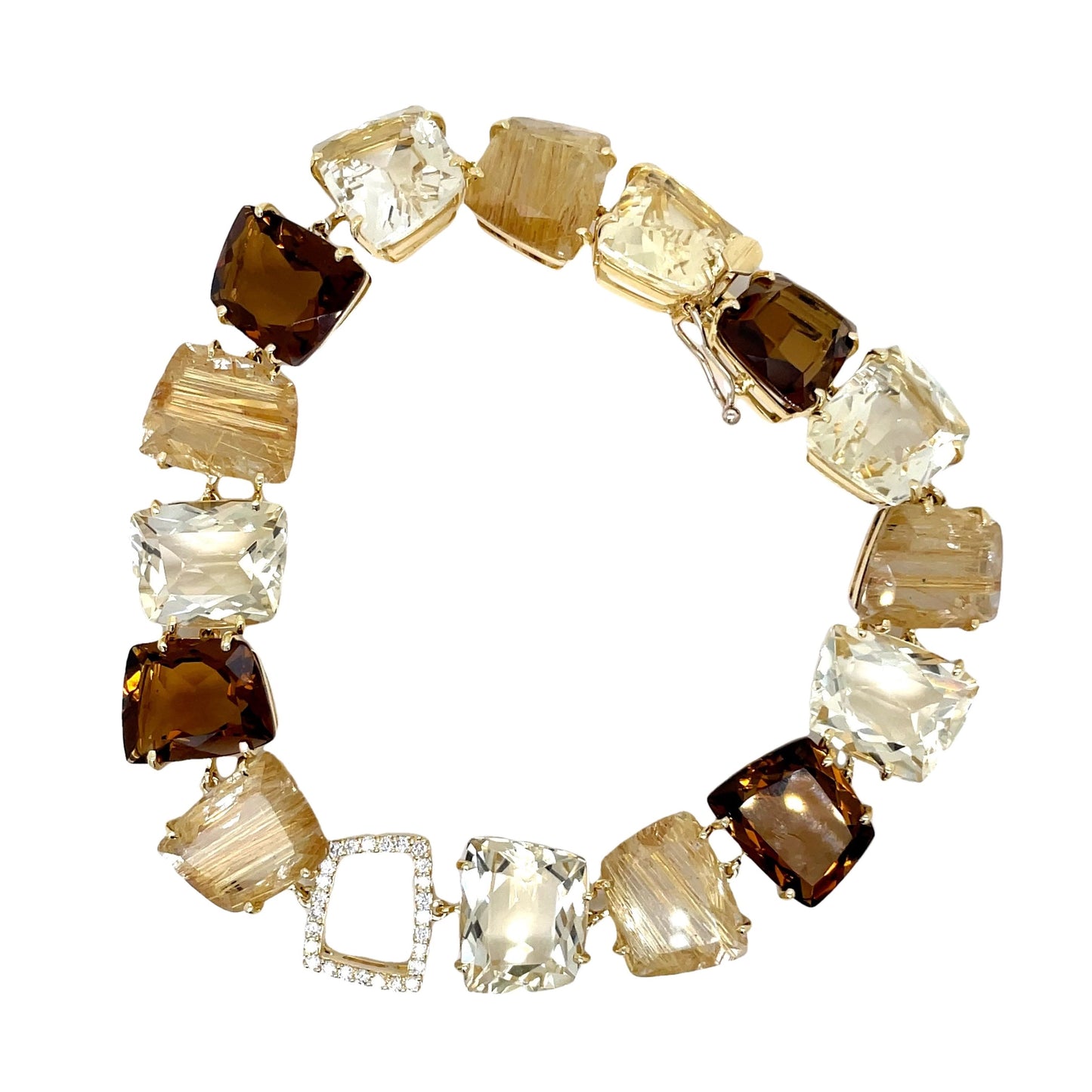 Ritulated Quartz, Citrine and Whisky Citrine & Diamond bracelet Top view clasp fastened