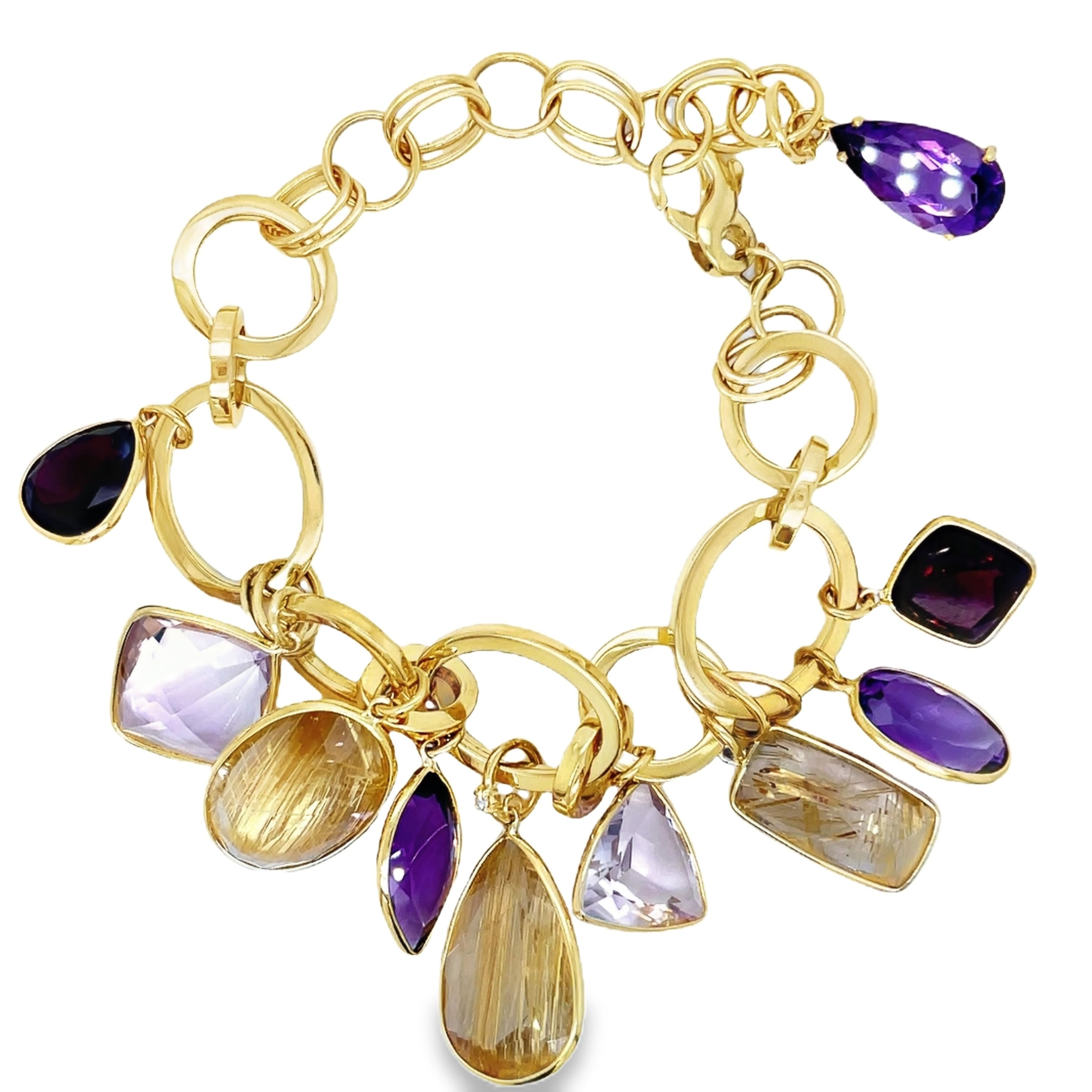 Experience the allure of luxury with our Pink Amethyst, Amethyst &amp; Citrine Bracelet. Made in Brazil with rare, unique cut stones of pink amethyst, amethyst, and citrine, set in 18k yellow gold. The large open links and secure lobster clasp add a touch of sophistication to any outfit. Elevate your style with this exclusive piece.