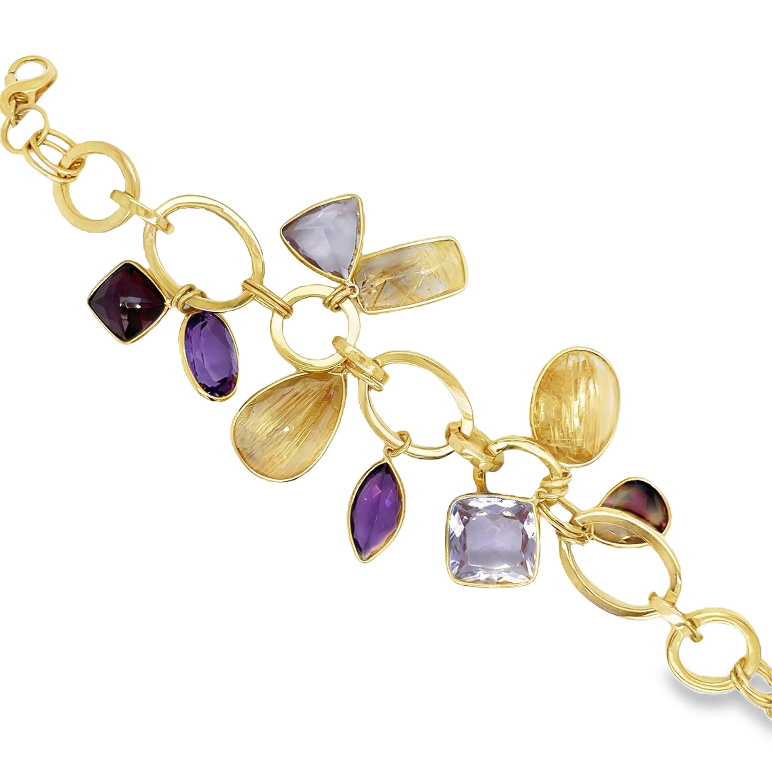 Experience the allure of luxury with our Pink Amethyst, Amethyst &amp; Citrine Bracelet. Made in Brazil with rare, unique cut stones of pink amethyst, amethyst, and citrine, set in 18k yellow gold. The large open links and secure lobster clasp add a touch of sophistication to any outfit. Elevate your style with this exclusive piece.