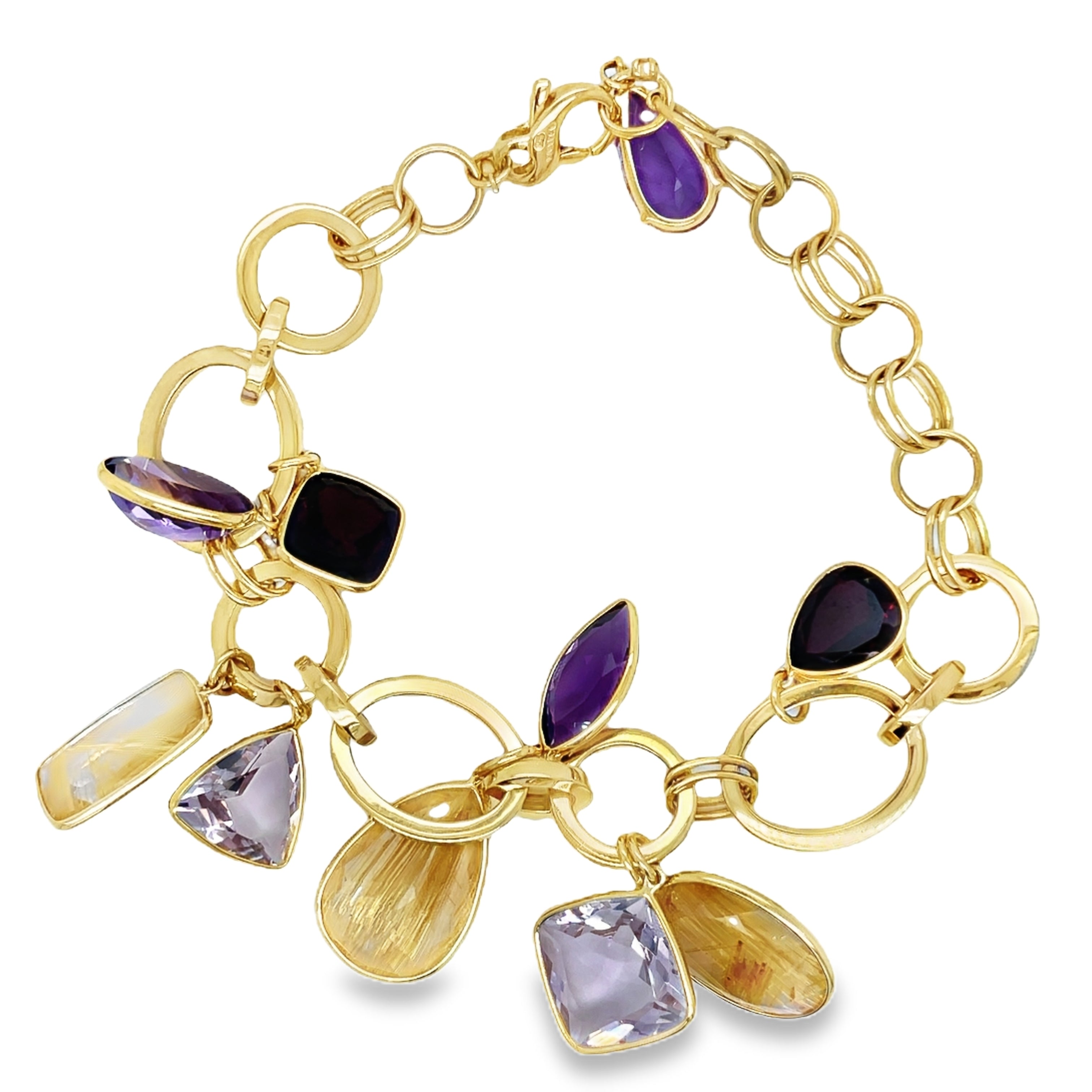 Experience the allure of luxury with our Pink Amethyst, Amethyst &amp; Citrine Bracelet. Made in Brazil with rare, unique cut stones of pink amethyst, amethyst, and citrine, set in 18k yellow gold. The large open links and secure lobster clasp add a touch of sophistication to any outfit. Elevate your style with this exclusive piece.