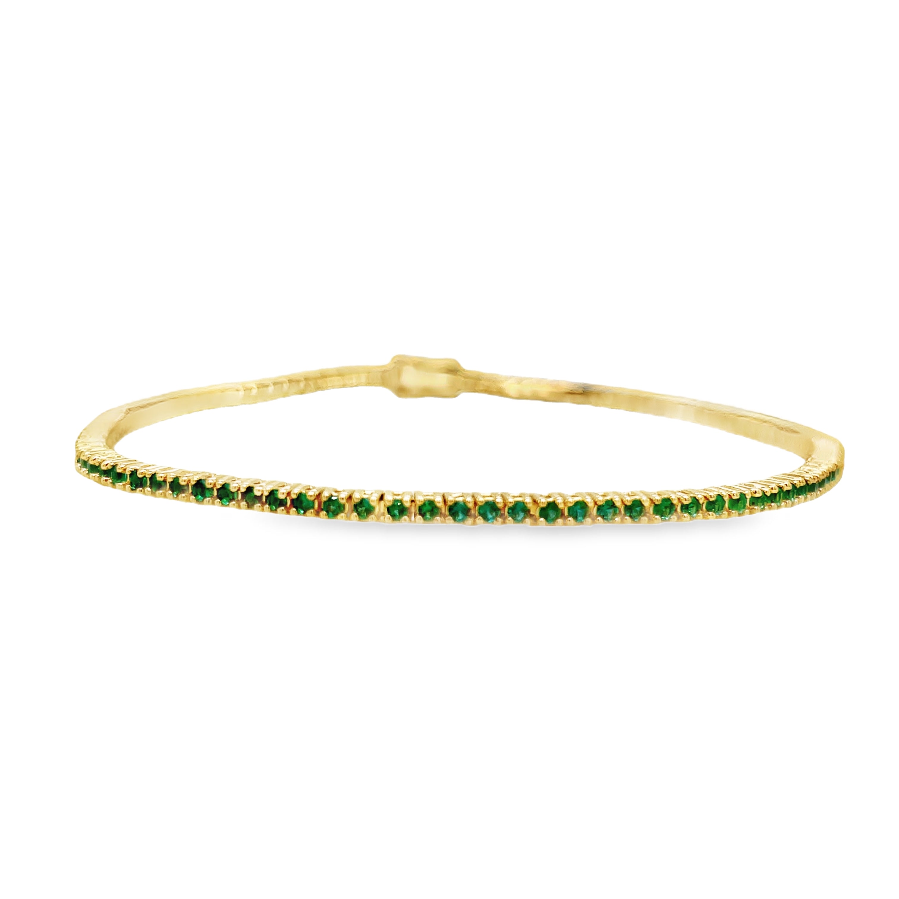 ndulge in luxury with our 18k Italian Made Emerald Line Tennis Yellow Gold Bracelet. Handcrafted in Italy, this exquisite piece features 1.00 cts of round emeralds with good color. The secure clasp ensures peace of mind, making it a must-have for your jewelry collection. Elevate your style with this exclusive line bracelet.