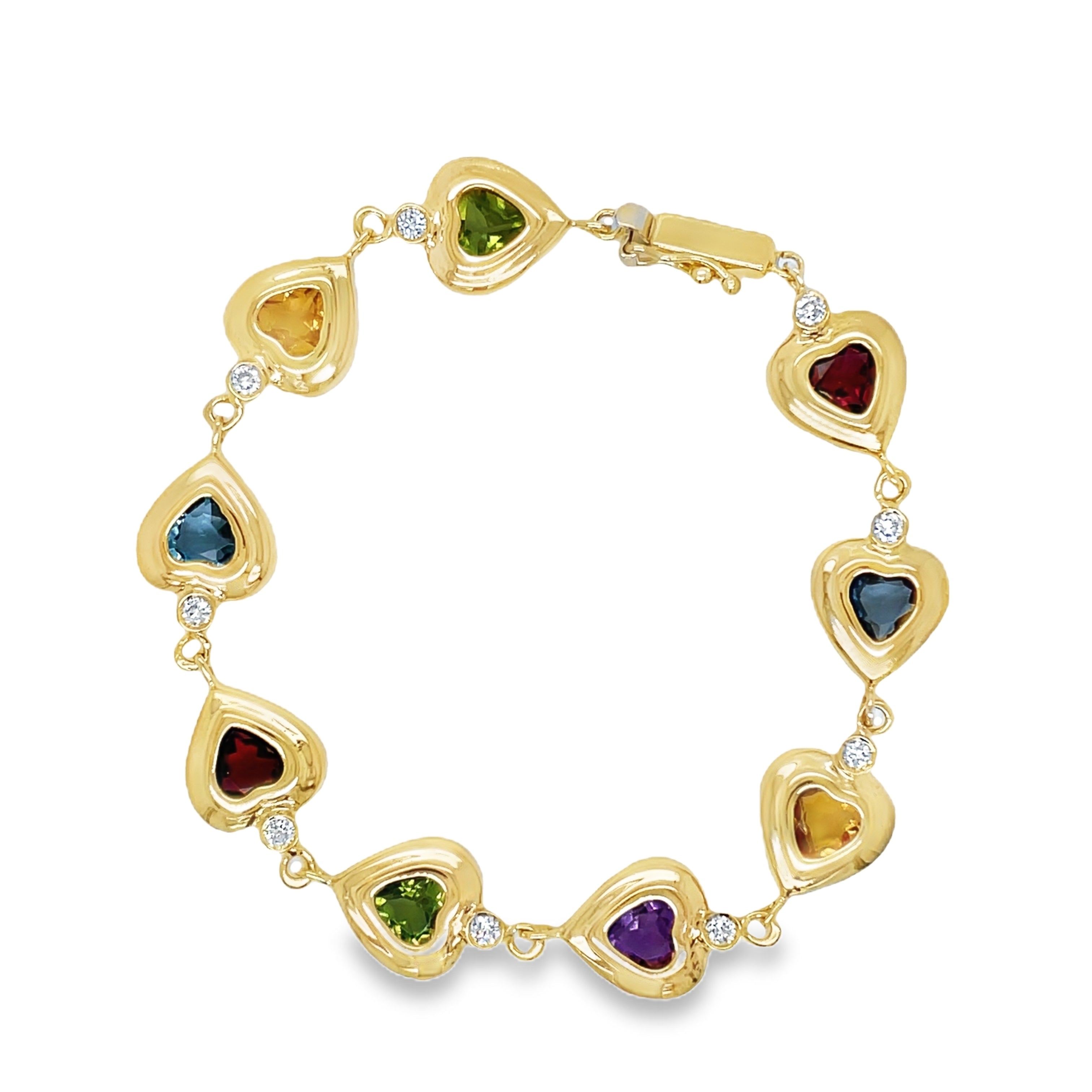 ndulge in luxury with our Multicolor Gem Heart Shape Yellow Gold Bracelet. Crafted with 14k yellow gold, this bracelet features stunning amethyst, peridot, citrine, blue topaz, and diamonds. The secure clasp ensures a perfect fit, making it the perfect accessory for any occasion. Measures 6.5" long.