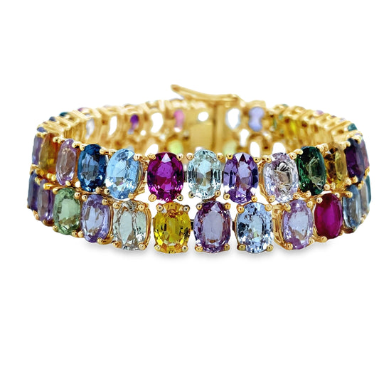 Front view of 18k Yellow Gold Double Row Multicolor Oval Shape Sapphire Bracelet