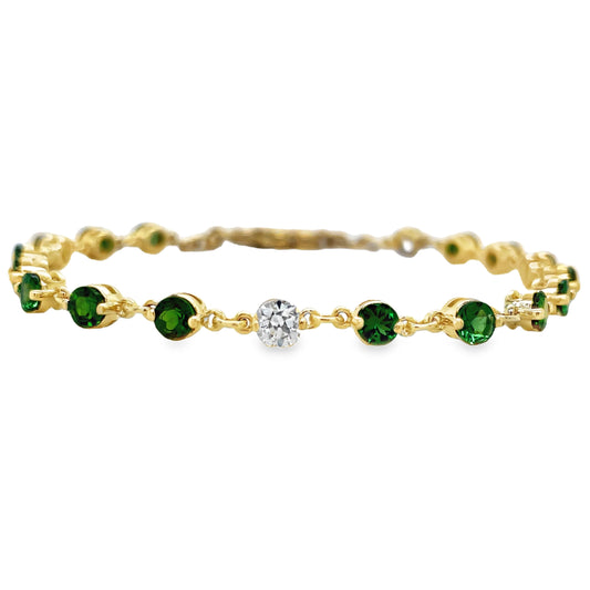 Front view of 14k Yellow Gold Tsavorite & Diamond Bezel Bracelet