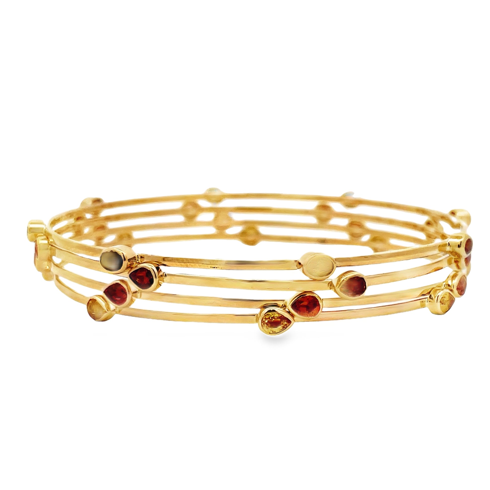 Front view of 14k Yellow Gold Multicolor Sapphire Bangles