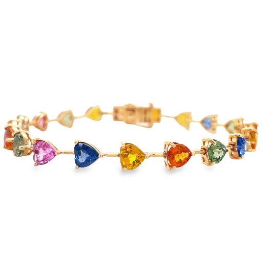 18k Multicolor Heart Shape Sapphire Bracelet Front view clasp fastened