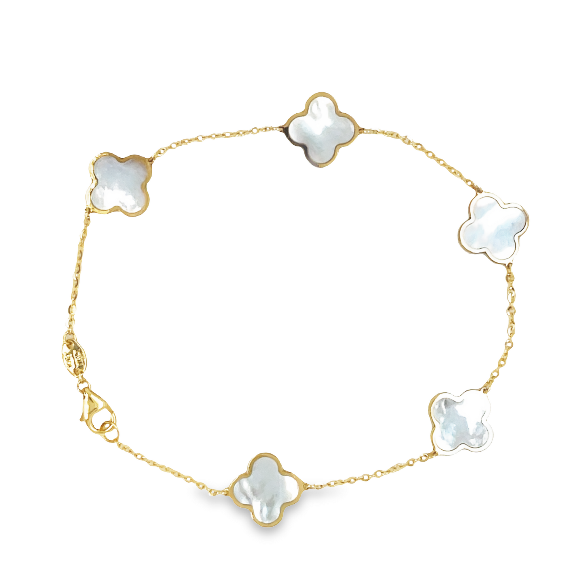 Top view of fastened 14k Yellow Gold Small Mother of Pearl Clover Bracelet 7.00 mm