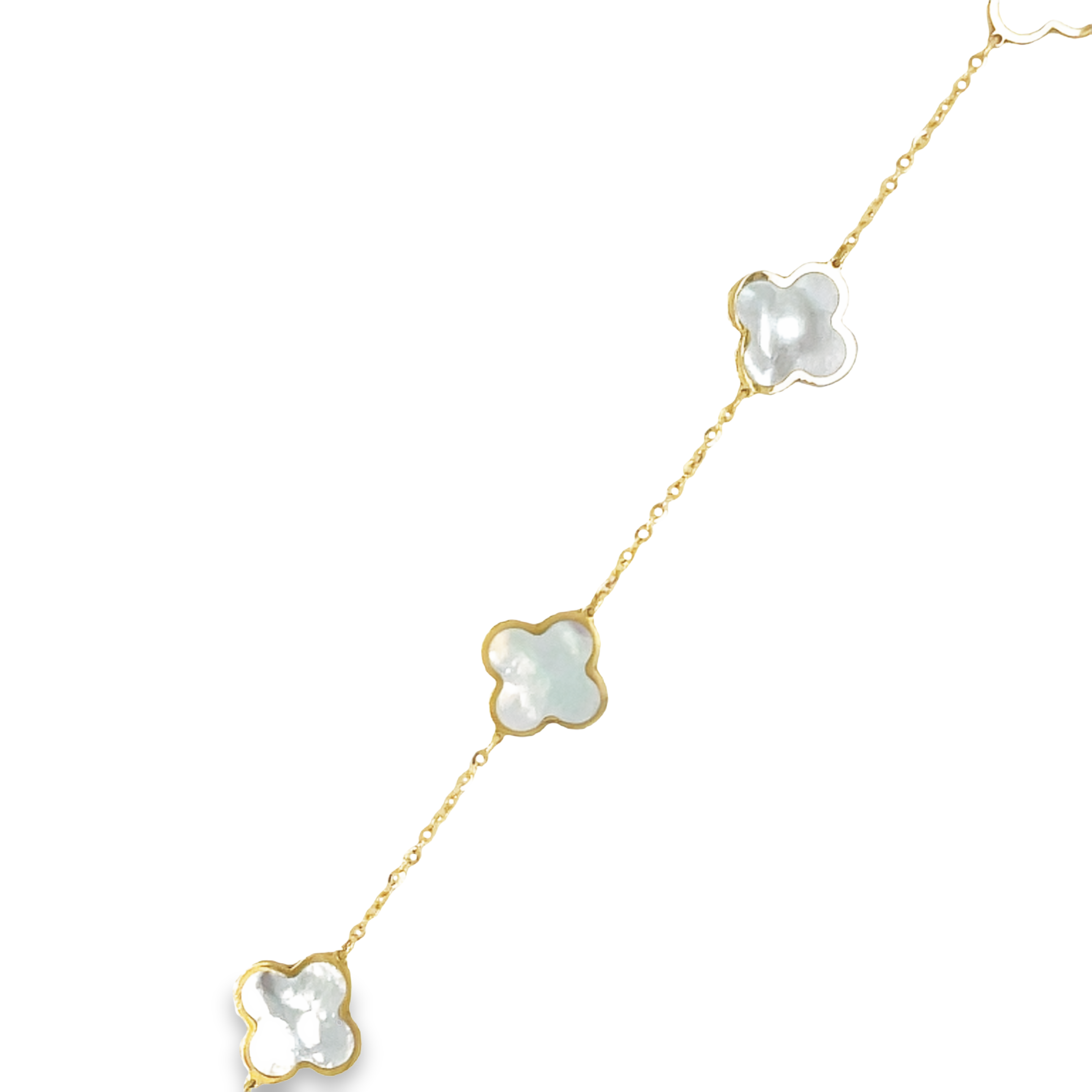 This elegant 14k yellow gold bracelet features five intricately detailed mother of pearl clovers and a secure lobster clasp. The clovers measure 9.0 mm in size and the bracelet itself exudes sophistication and style.   