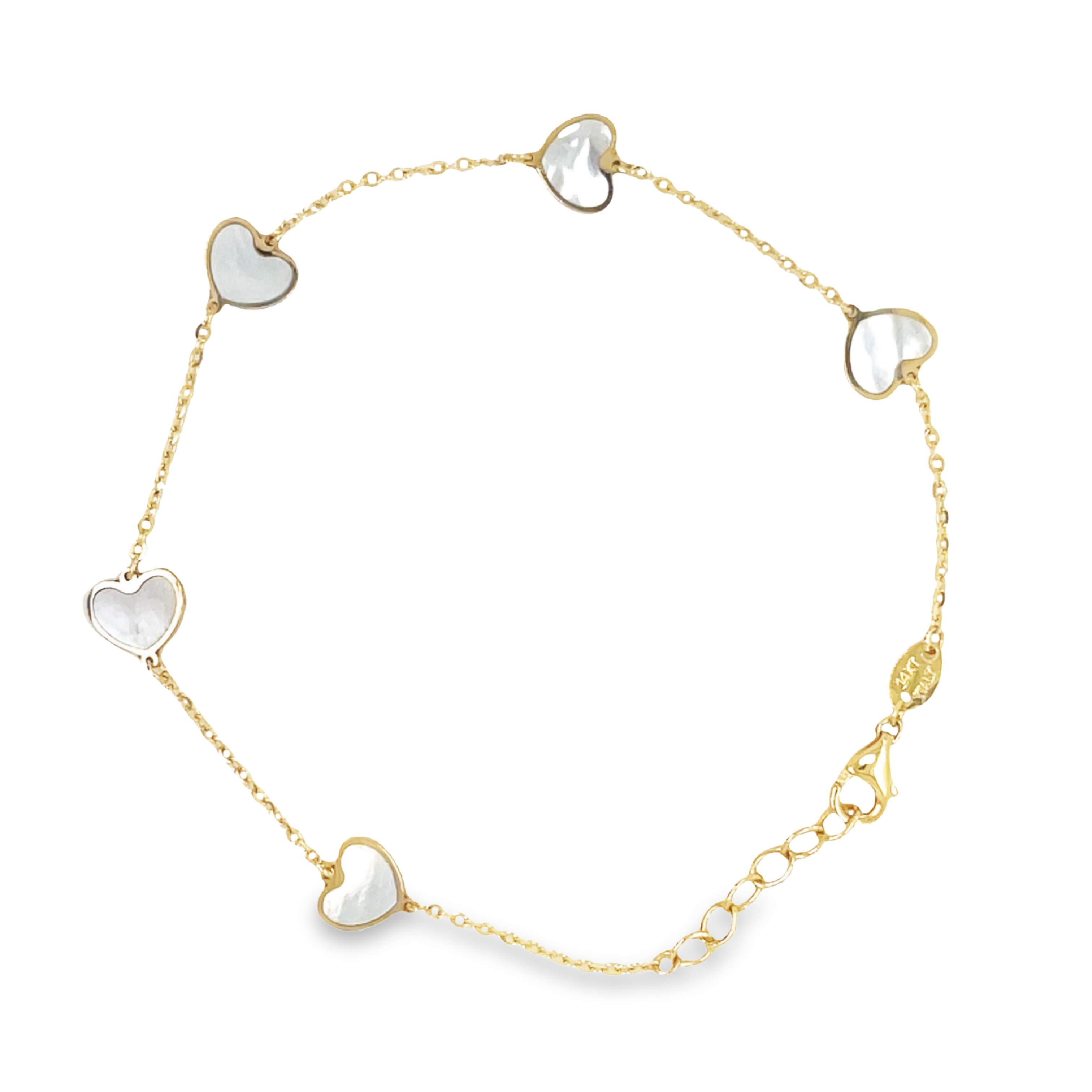 This elegant 14k yellow gold bracelet features five intricately detailed mother of pearl hearts and a secure lobster clasp. The clovers measure 7.0 mm in size and the bracelet itself exudes sophistication and style.   