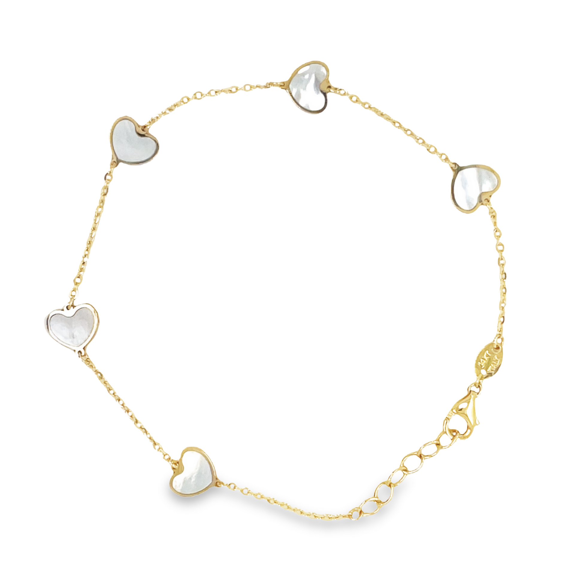 Top view of fastened 14k Yellow Gold Small Mother of Pearl Heart Bracelet 7.0 mm