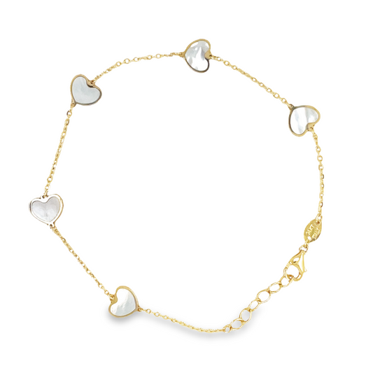 Top view of fastened 14k Yellow Gold Small Mother of Pearl Heart Bracelet 7.0 mm