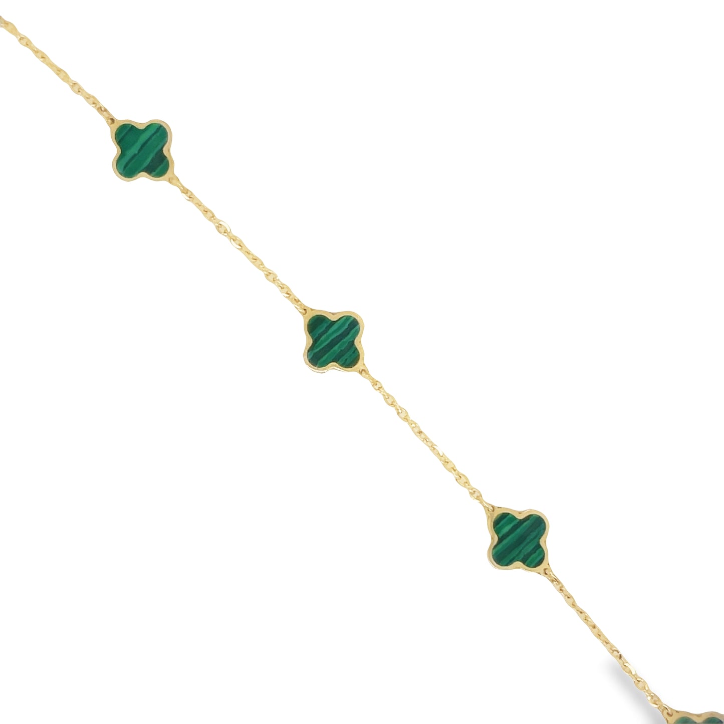Top view of 14k Yellow Gold Small Malachite Clover Bracelet 7.0 mm