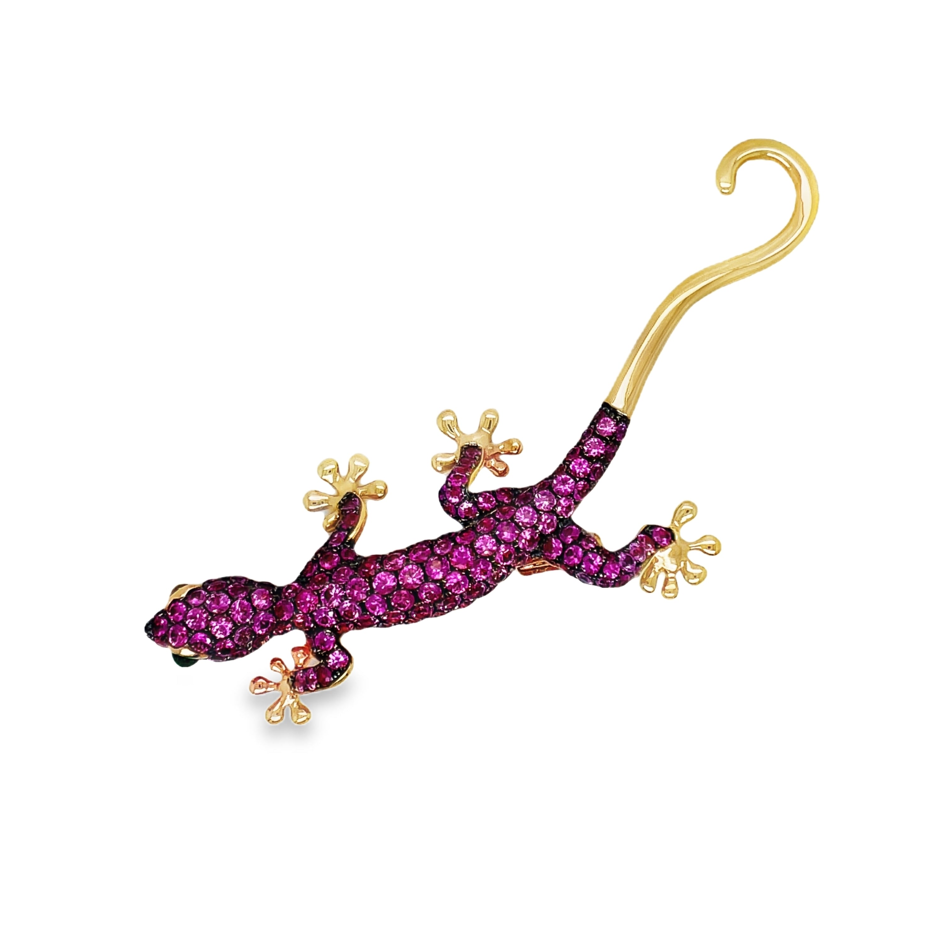 Indulge in timeless elegance with our Pink Sapphire and Emerald Lizard Brooch. Crafted from 18k rose gold, this luxurious piece features two mesmerizing emerald eyes and delicate pink sapphires. Versatile as both a pendant and brooch, this lizard adds a touch of sophistication to any outfit. Make a statement with this unique and stunning accessory.