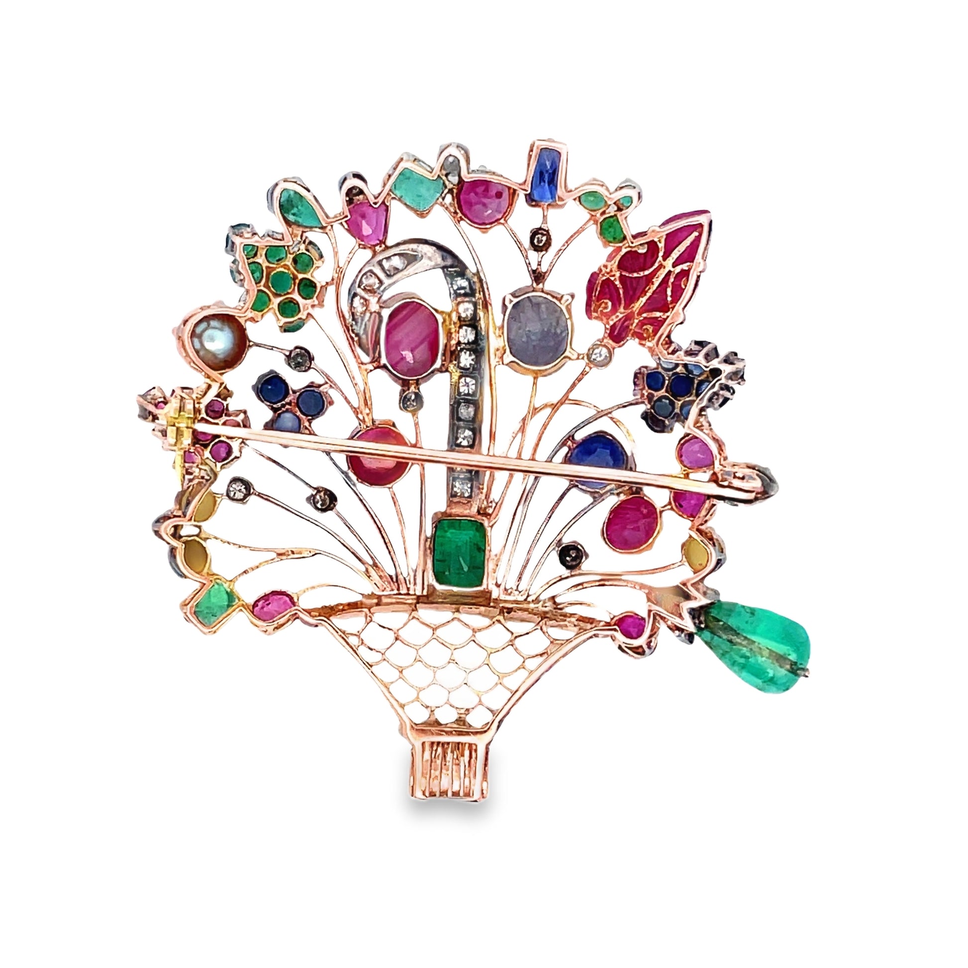 Top view of Estate 14k Yellow Gold Gem Color Basket & Diamond Brooch 