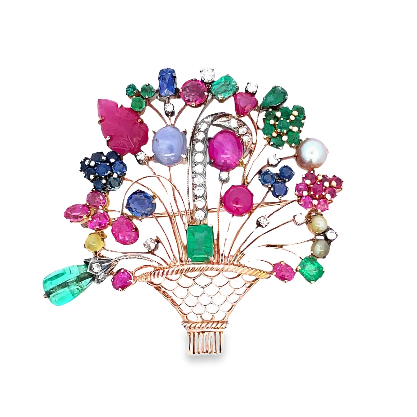 Front view of Estate 14k Yellow Gold Gem Color Basket & Diamond Brooch 