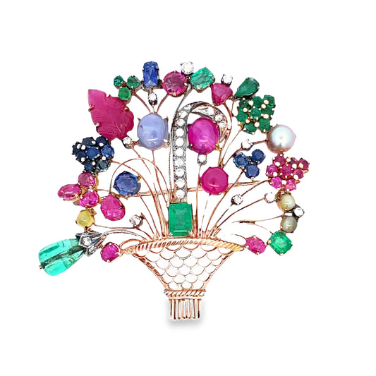 Front view of Estate 14k Yellow Gold Gem Color Basket & Diamond Brooch 